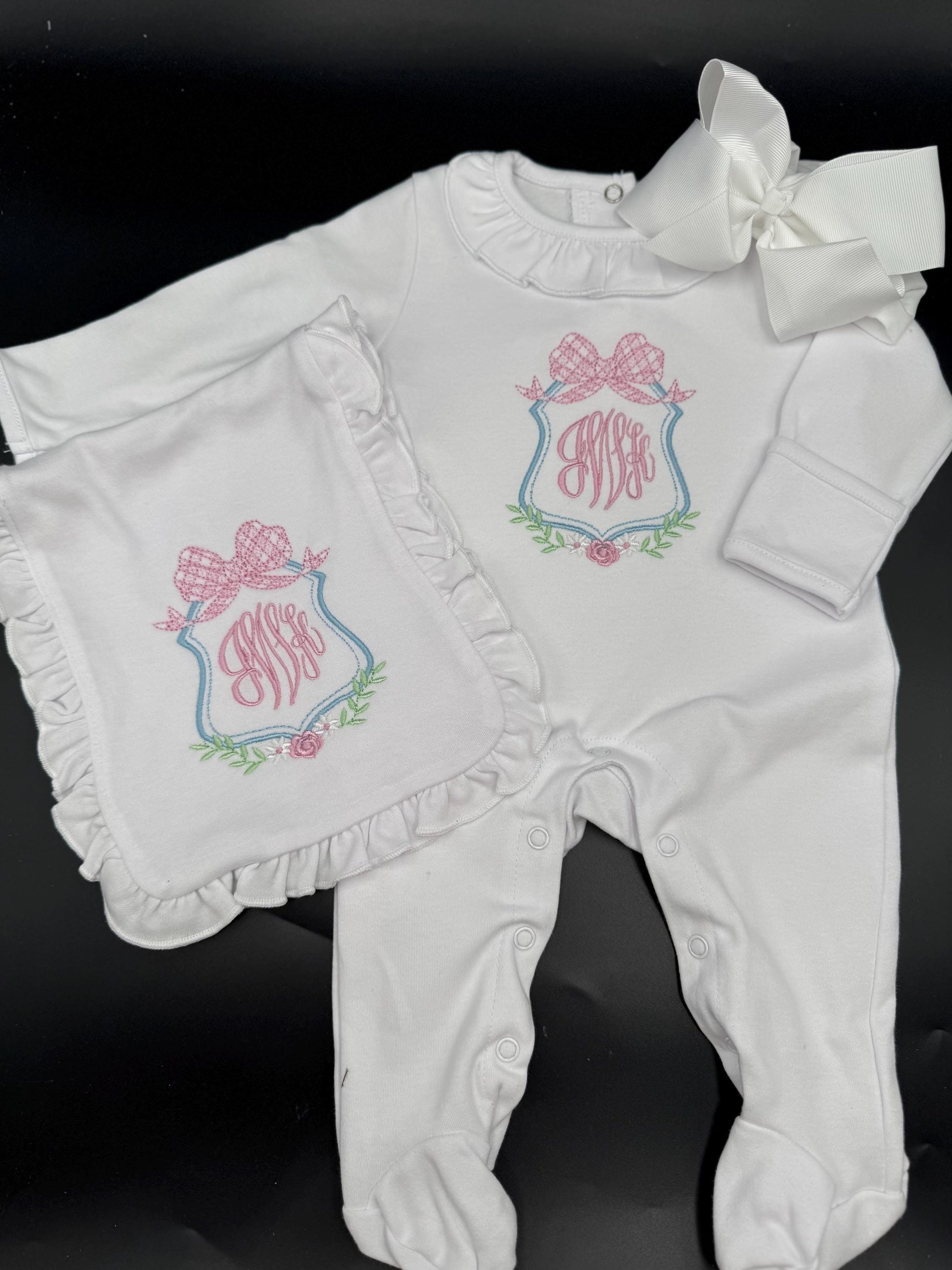 Personalized Newborn Footie: Floral Monogram, White Cotton Knit