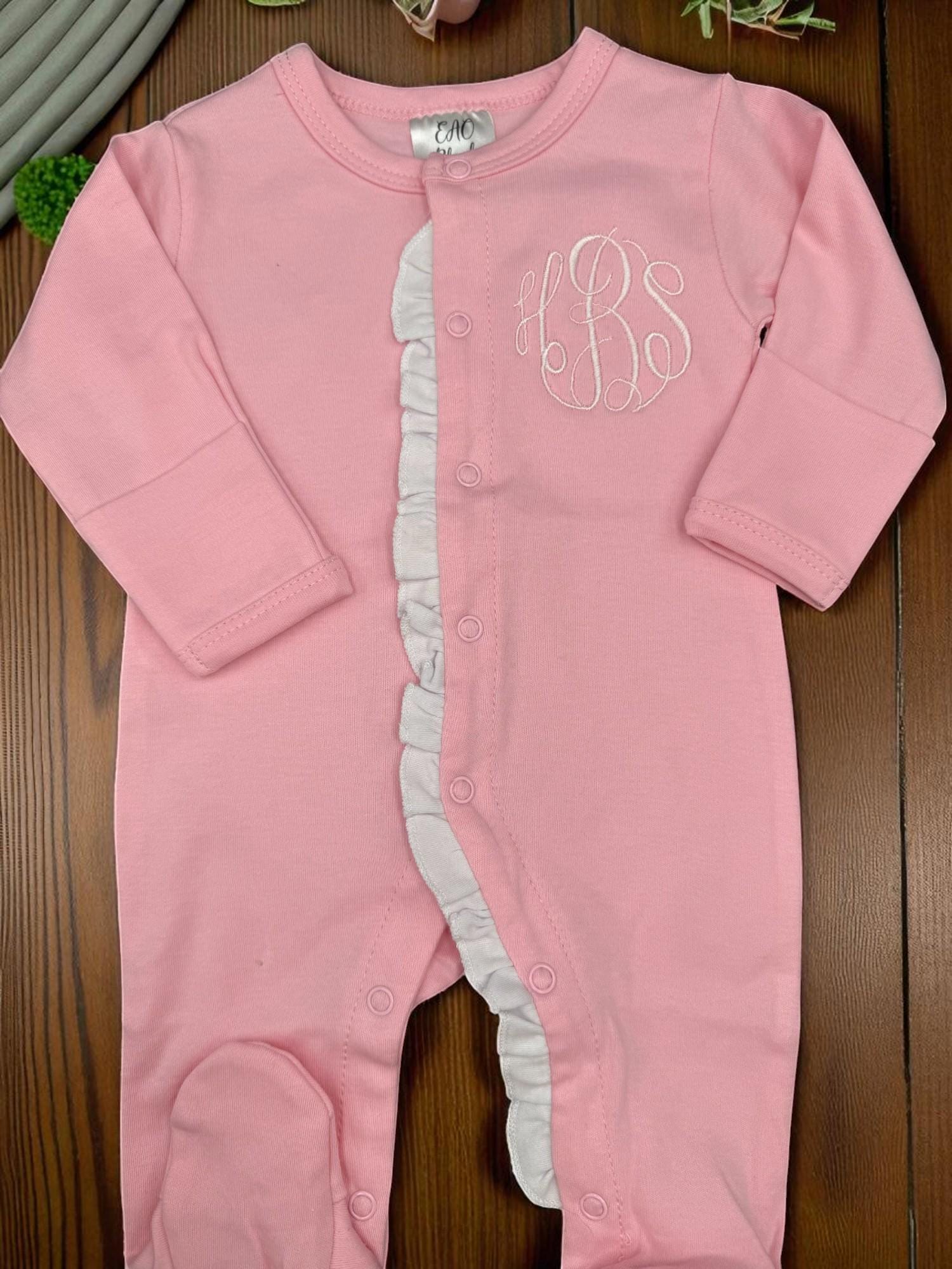 Monogrammed Baby Girl Footie: Pink Ruffle Romper, Newborn Outfit