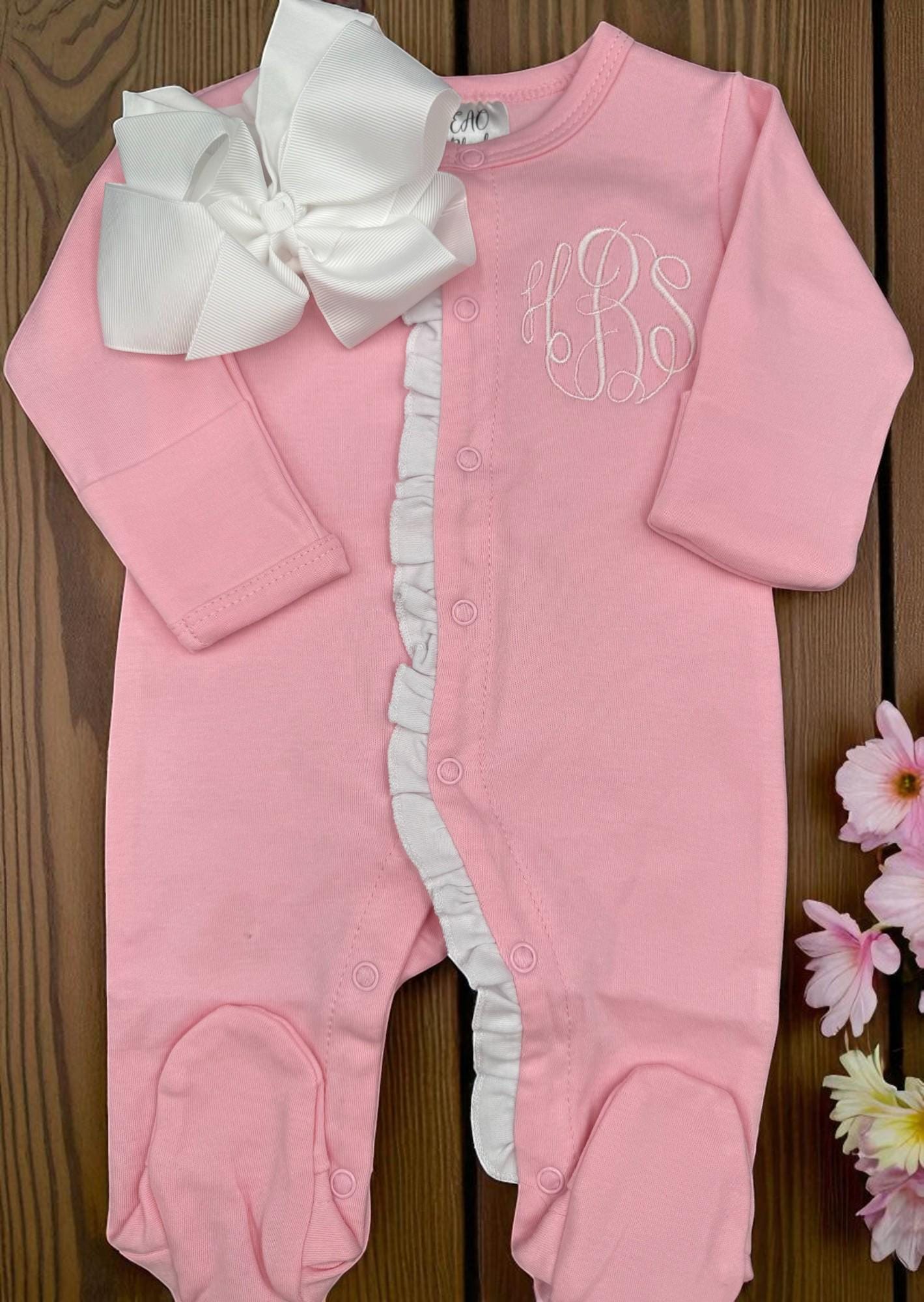 Monogrammed Baby Girl Footie: Pink Ruffle Romper, Newborn Outfit