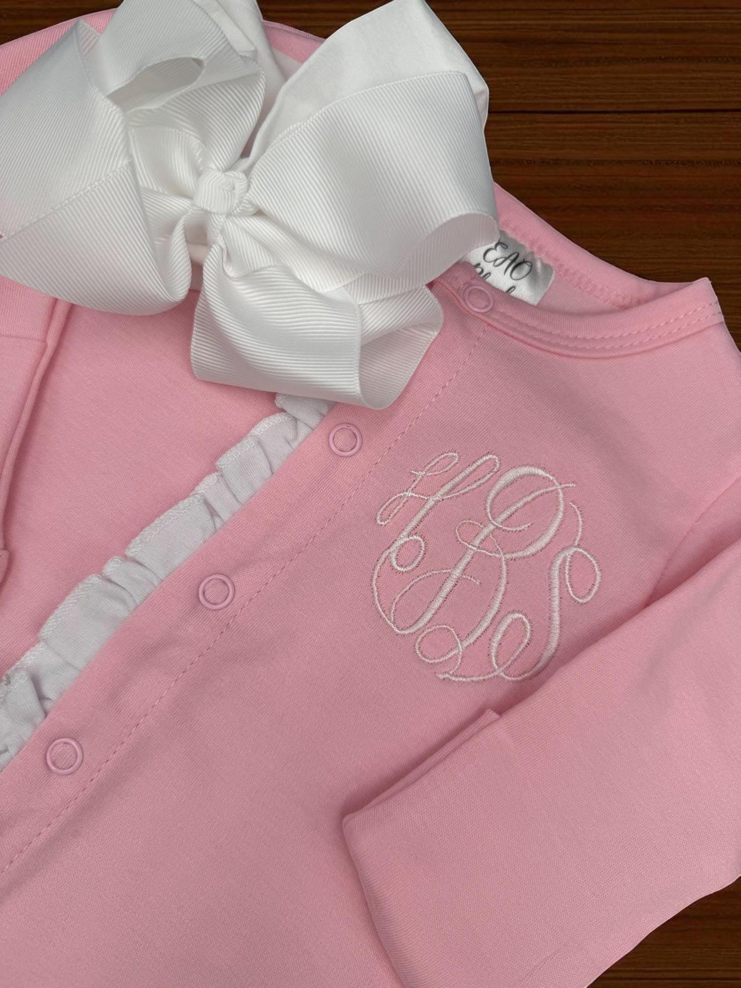 Monogrammed Baby Girl Footie: Pink Ruffle Romper, Newborn Outfit
