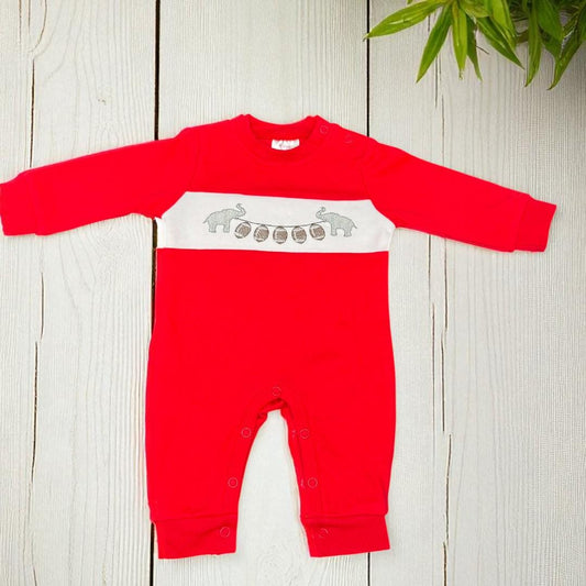 Embroidered Elephant Football Romper: Red Cotton Baby Game Day Outfit