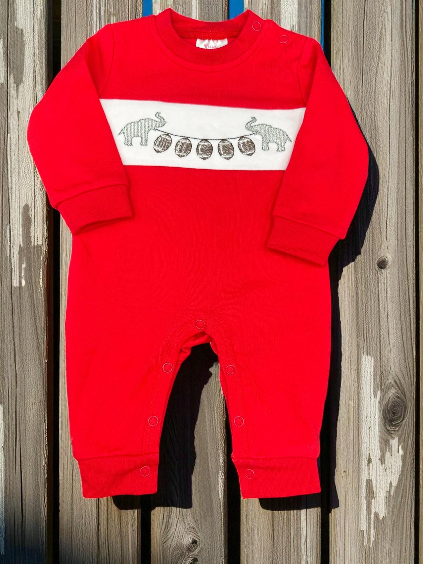 Embroidered Elephant Football Romper: Red Cotton Baby Game Day Outfit