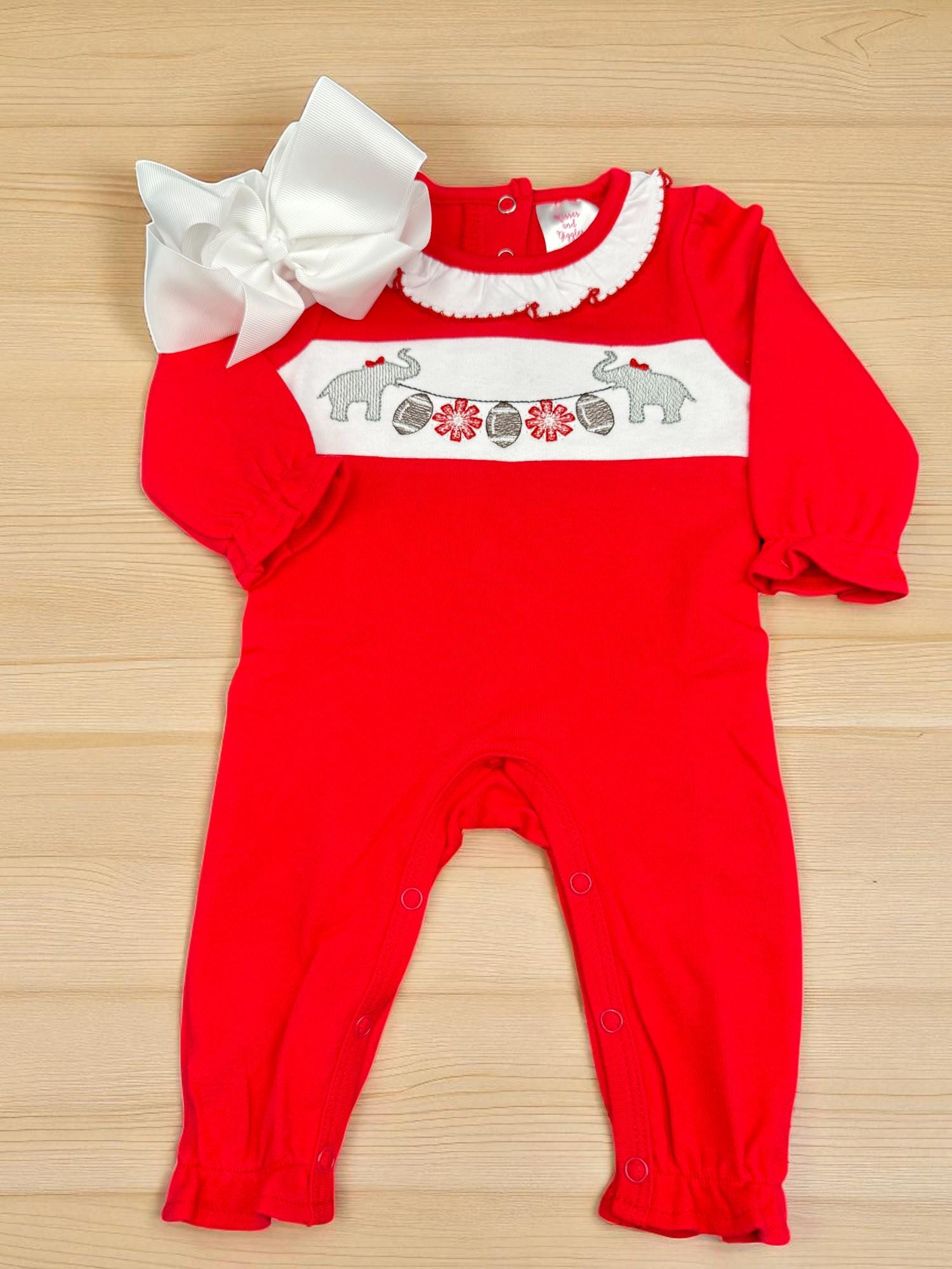 Red Baby Girl Football Romper: Embroidered Elephants, Game Day Outfit