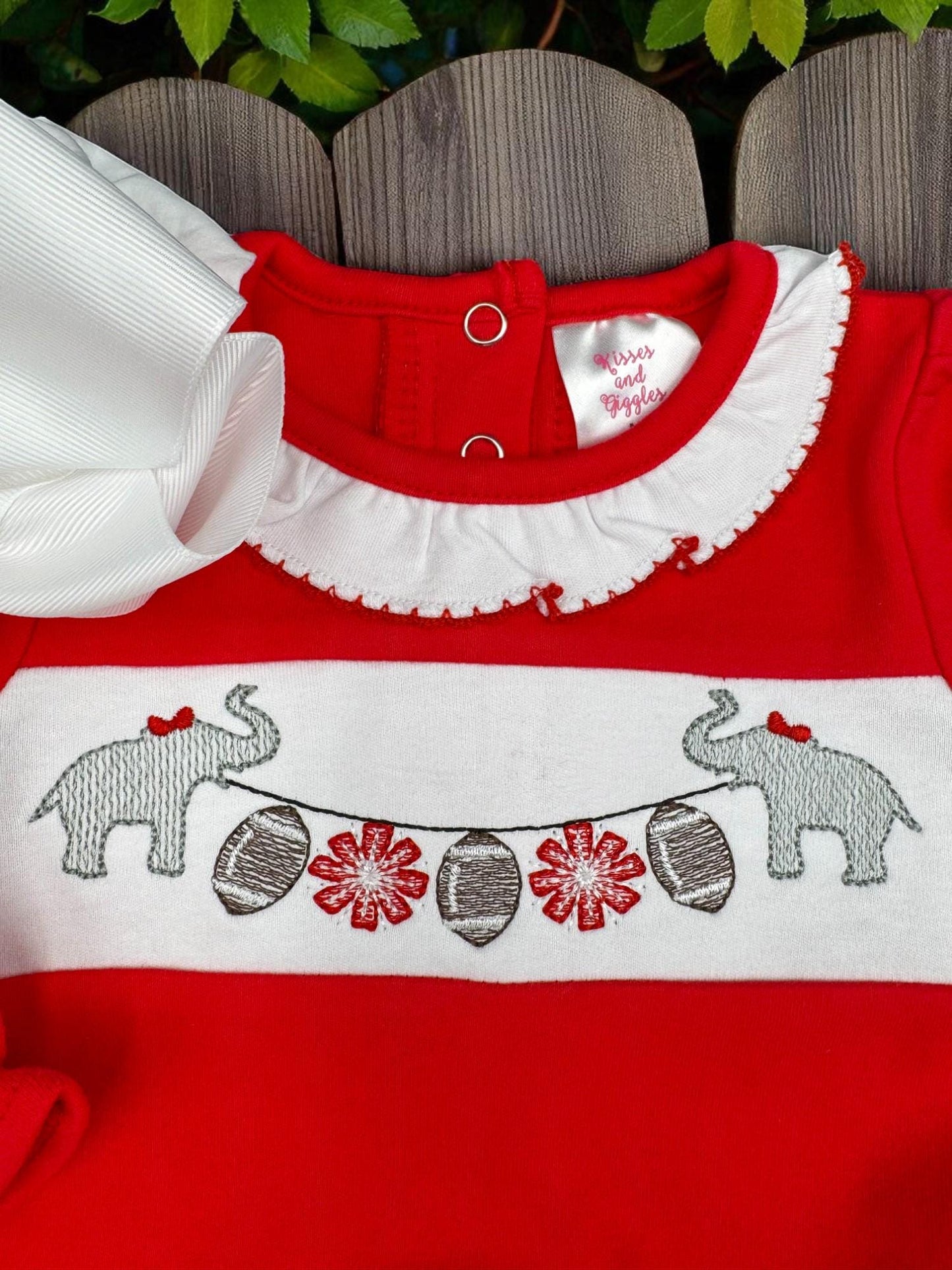 Red Baby Girl Football Romper: Embroidered Elephants, Game Day Outfit