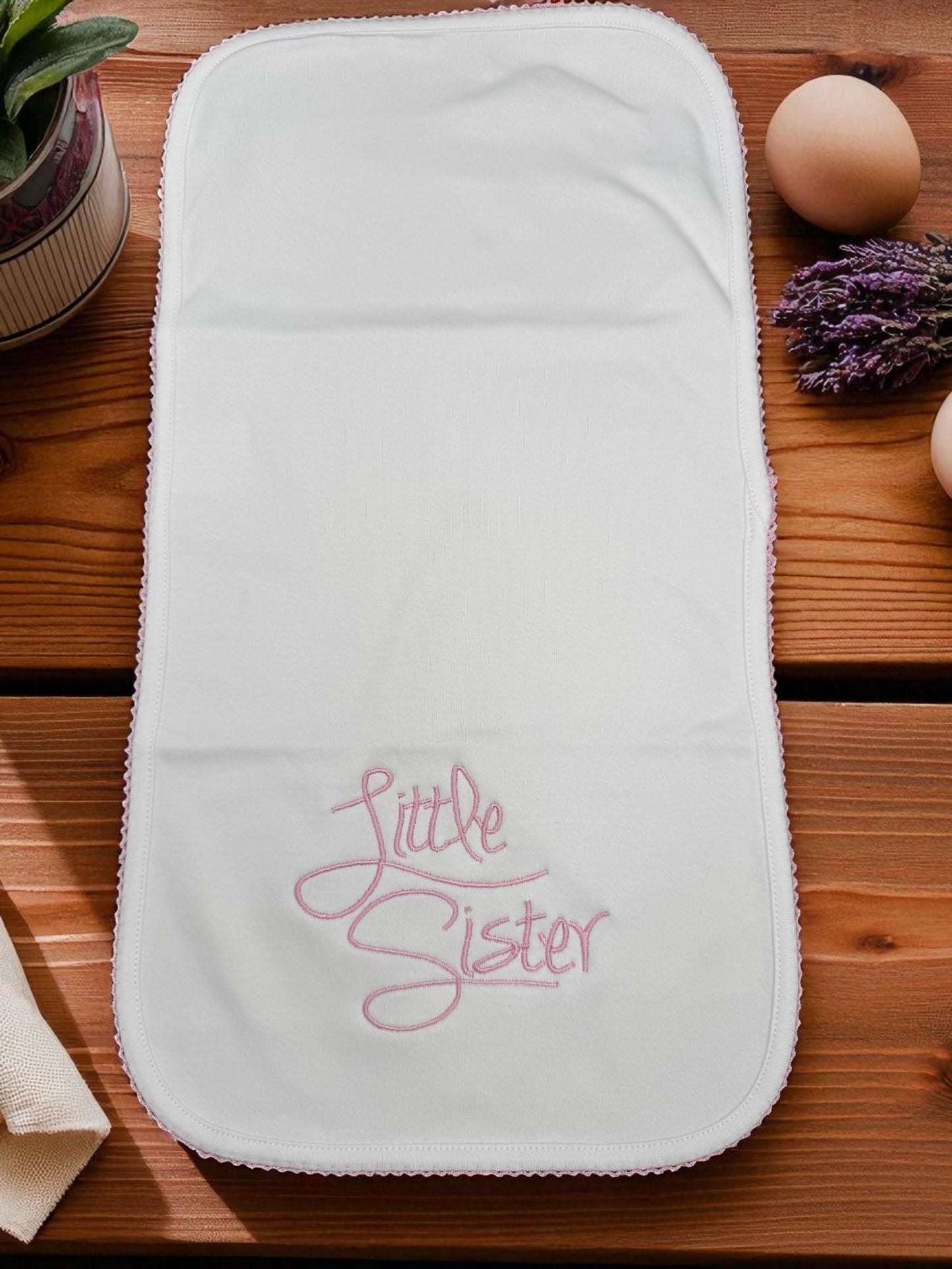 Embroidered Little Sister Outfit: Baby Girl Footie, Bib & Burp Cloth