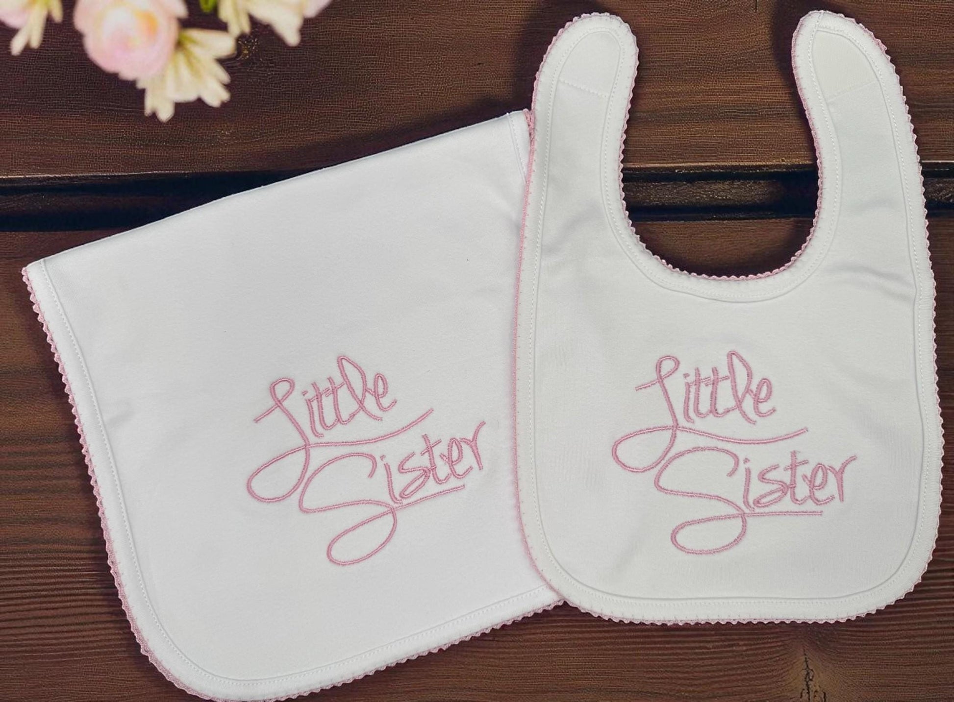 Embroidered Little Sister Outfit: Baby Girl Footie, Bib & Burp Cloth
