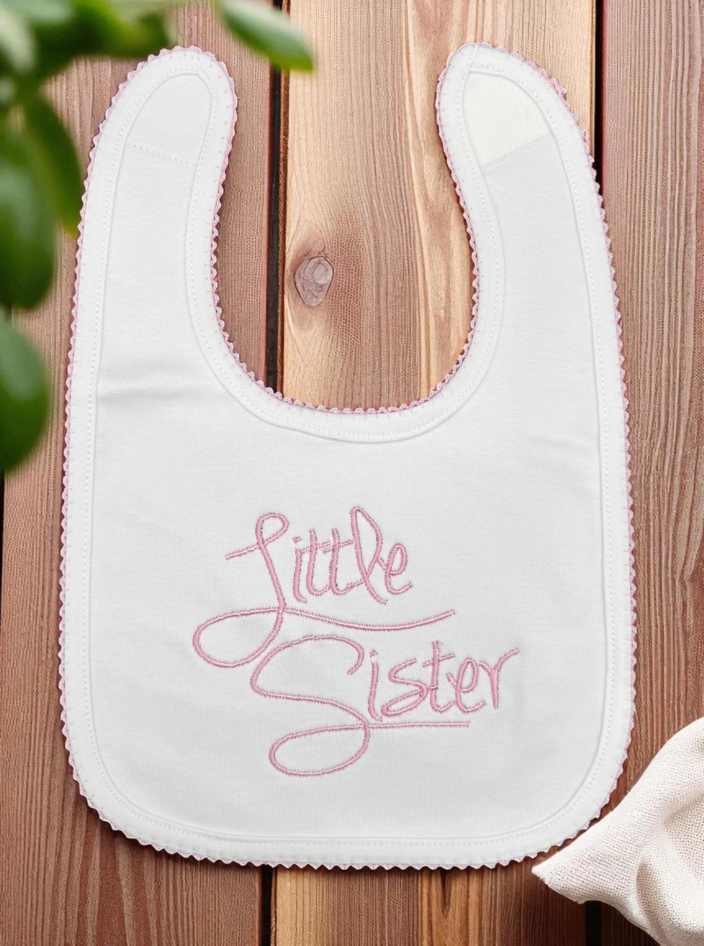 Embroidered Little Sister Outfit: Baby Girl Footie, Bib & Burp Cloth