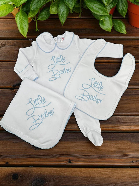 Newborn Boy, Little Brother Baby Boy Romper | White Footie with Blue Embroidery | Peter Pan Collar Coming Home Outfit | Newborn Gift Boy