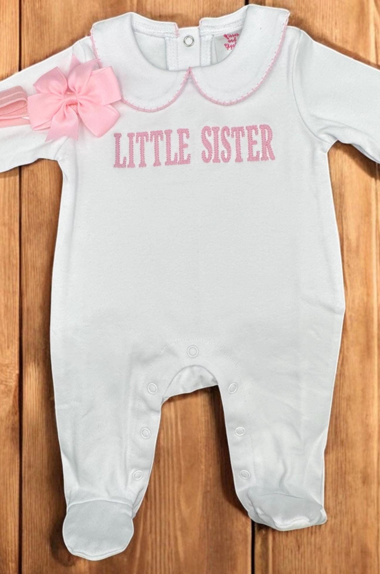 Little Sister Coming Home Outfit: Embroidered Footie, Bib & Burp Cloth