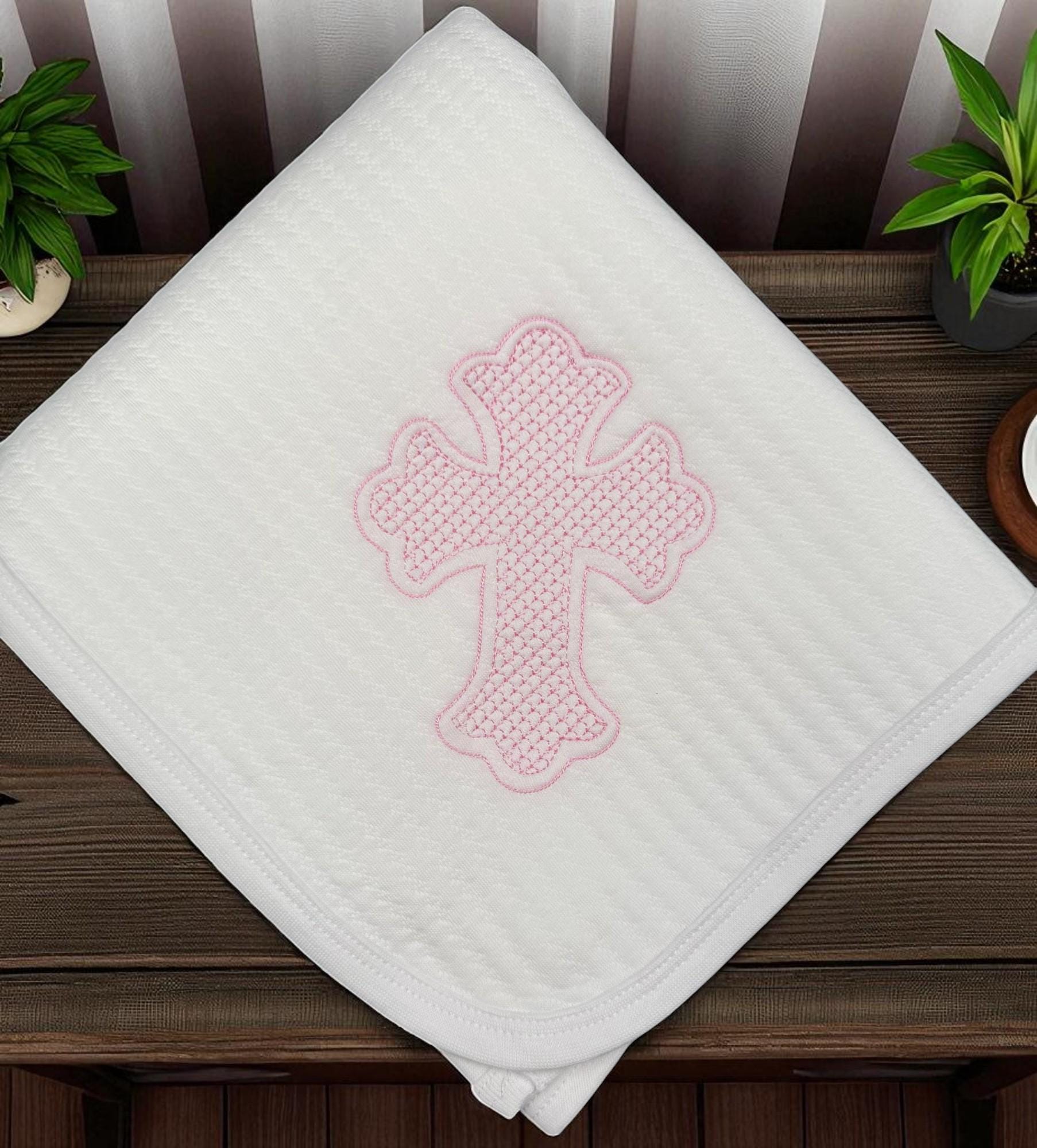 Embroidered Baby Blanket Set, Pink Cross, Christening Gift
