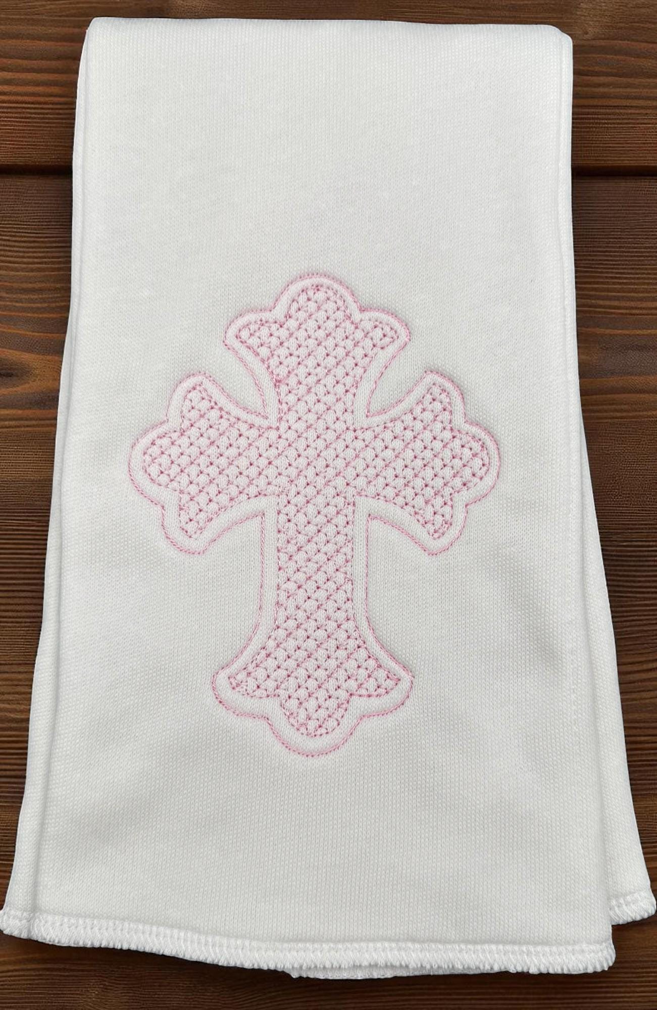 Embroidered Baby Blanket Set, Pink Cross, Christening Gift