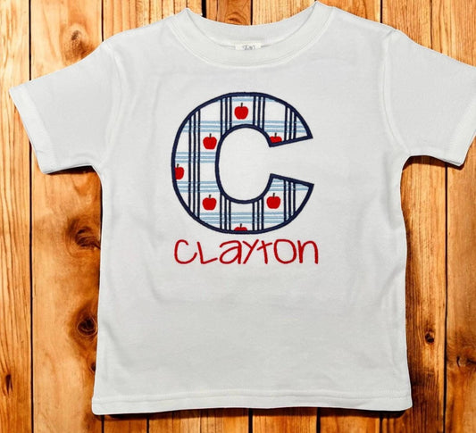 Personalized Back to School Shirt: Embroidered Plaid Apple Monogram