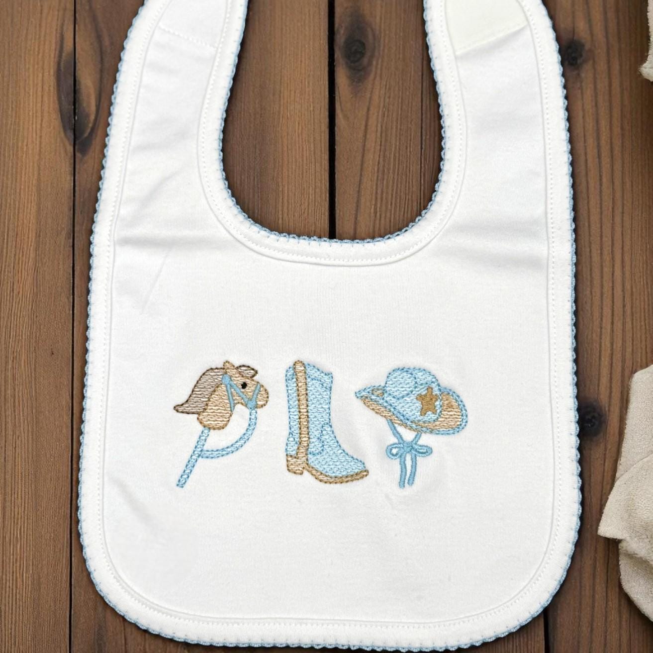 Cowboy Embroidered Baby Footie Set: Pima Cotton, Blue Trim, Personalized