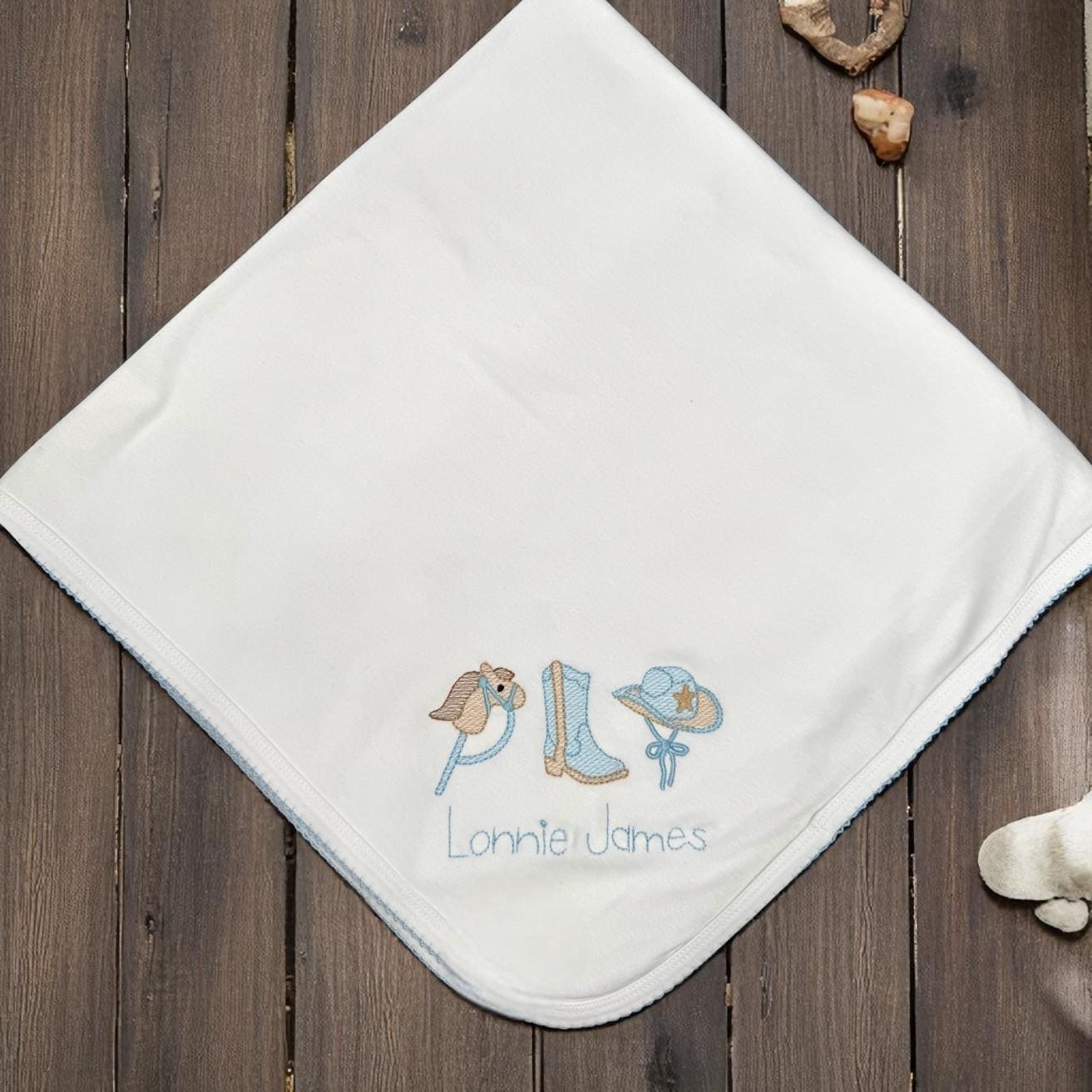 Cowboy Embroidered Baby Footie Set: Pima Cotton, Blue Trim, Personalized