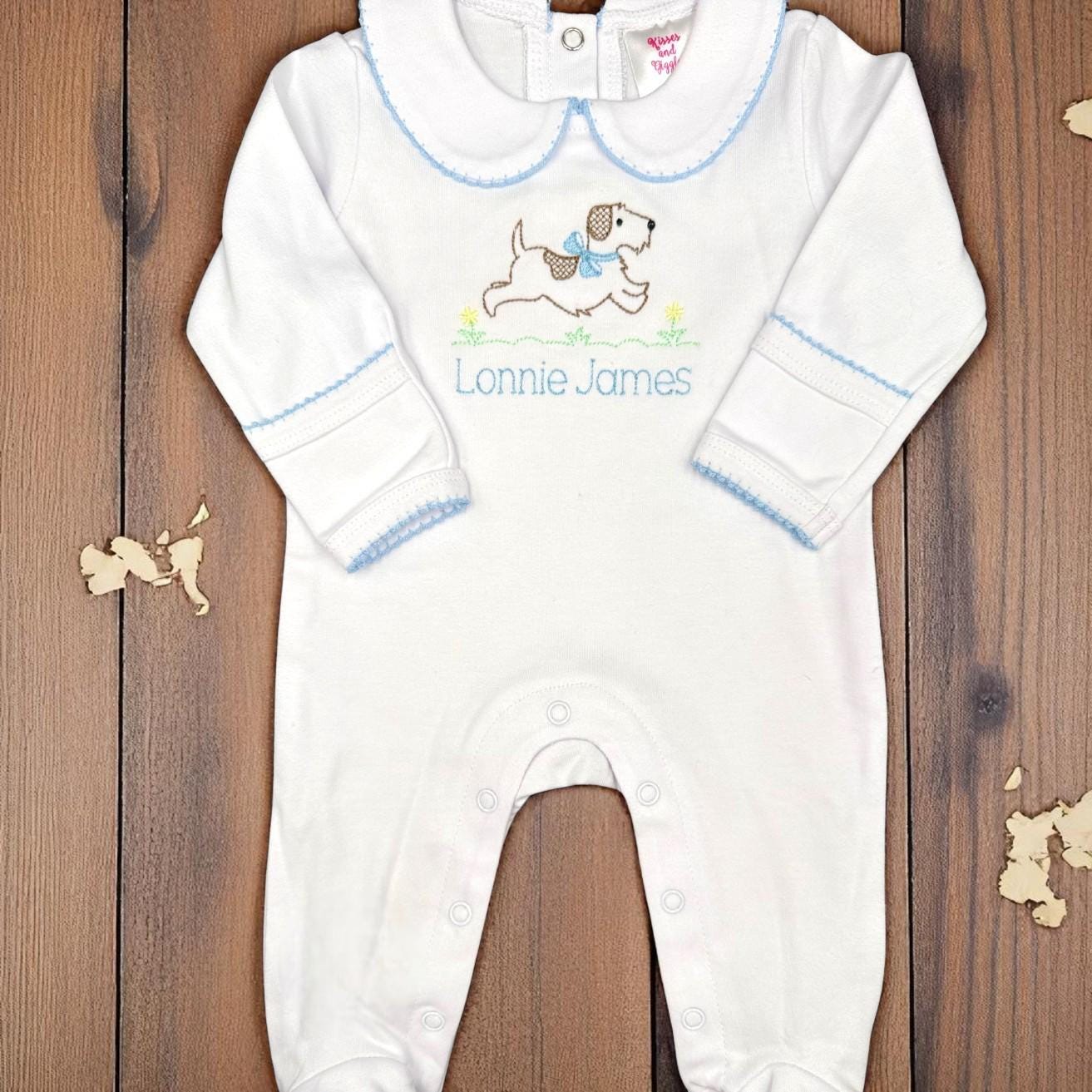 Embroidered Puppy Coming Home Outfit: Monogrammed Pima Cotton Footie