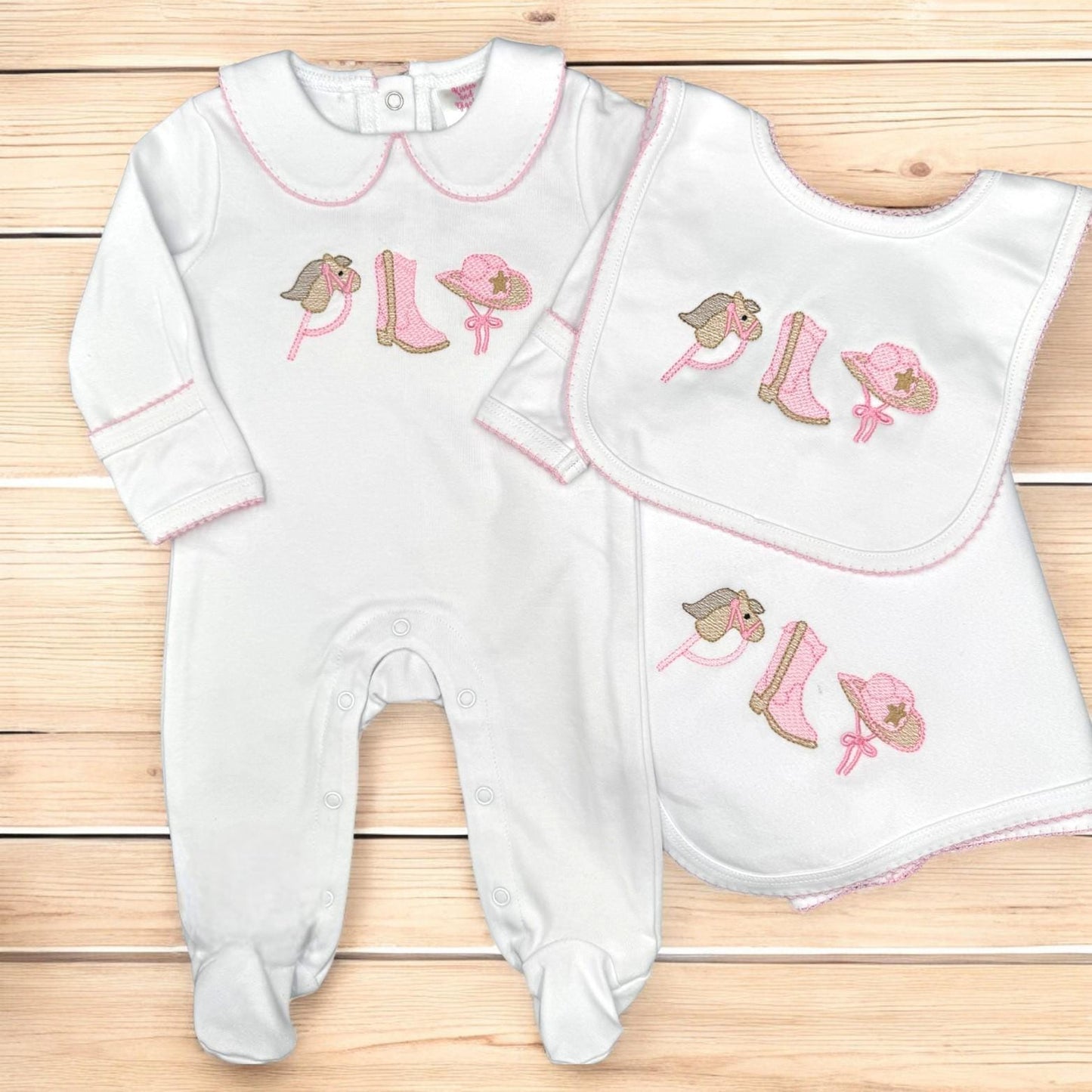 Embroidered Cowgirl Baby Set: Pima Cotton Footie, Bib & Blanket