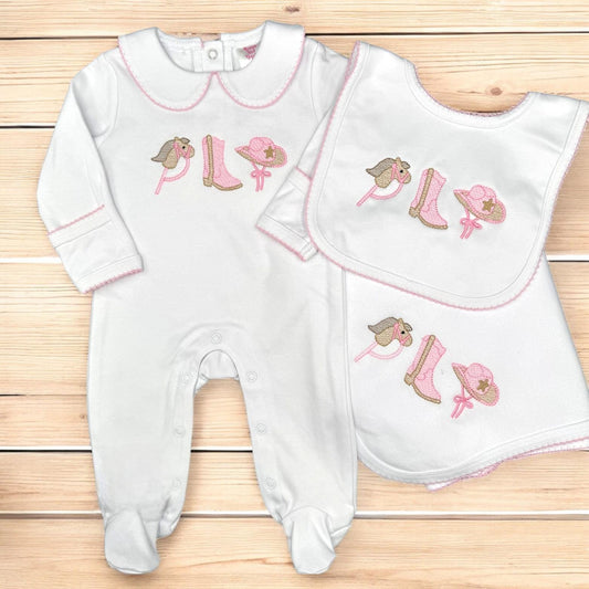 Embroidered Cowgirl Baby Set: Pima Cotton Footie, Bib & Blanket