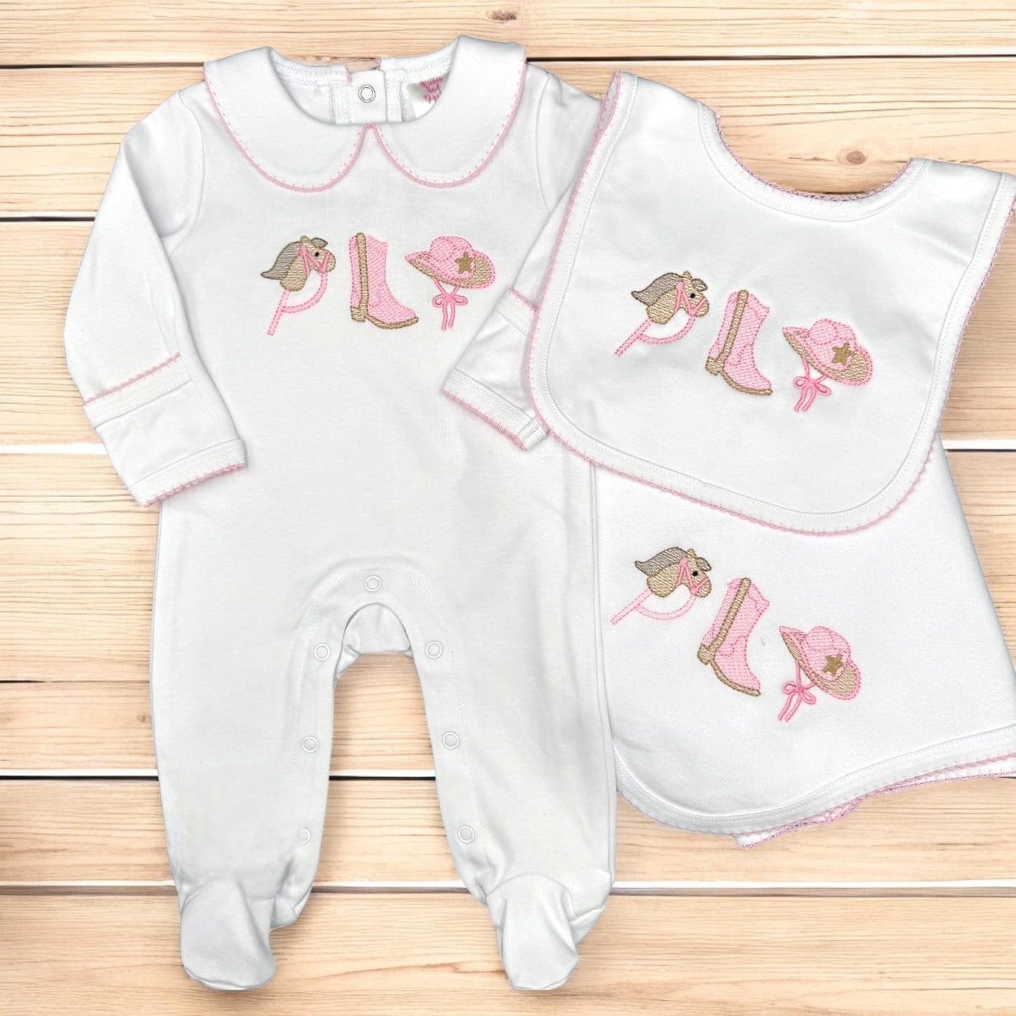 Embroidered Cowgirl Baby Set: Pima Cotton Footie, Bib & Blanket