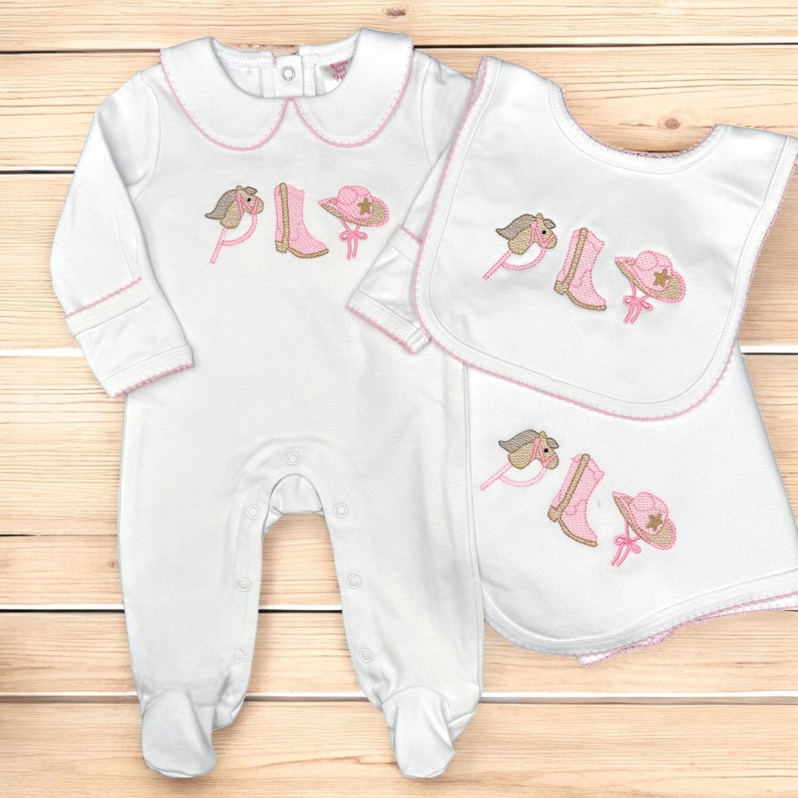 Embroidered Cowgirl Baby Set: Pima Cotton Footie, Bib & Blanket
