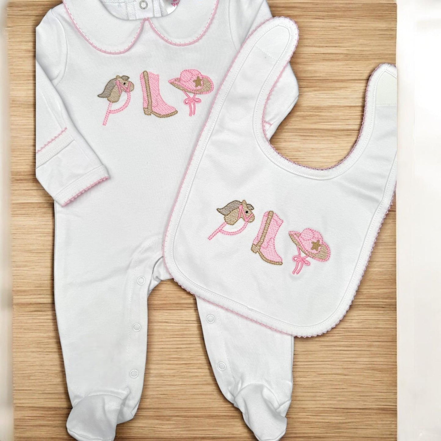 Embroidered Cowgirl Baby Set: Pima Cotton Footie, Bib & Blanket