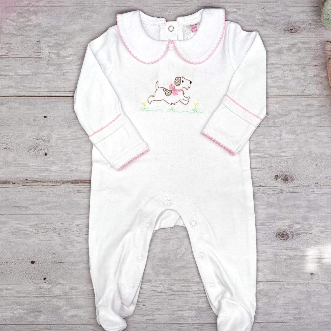Embroidered Puppy Footie Coming Home Outfit: Personalized Pima Cotton Baby Set