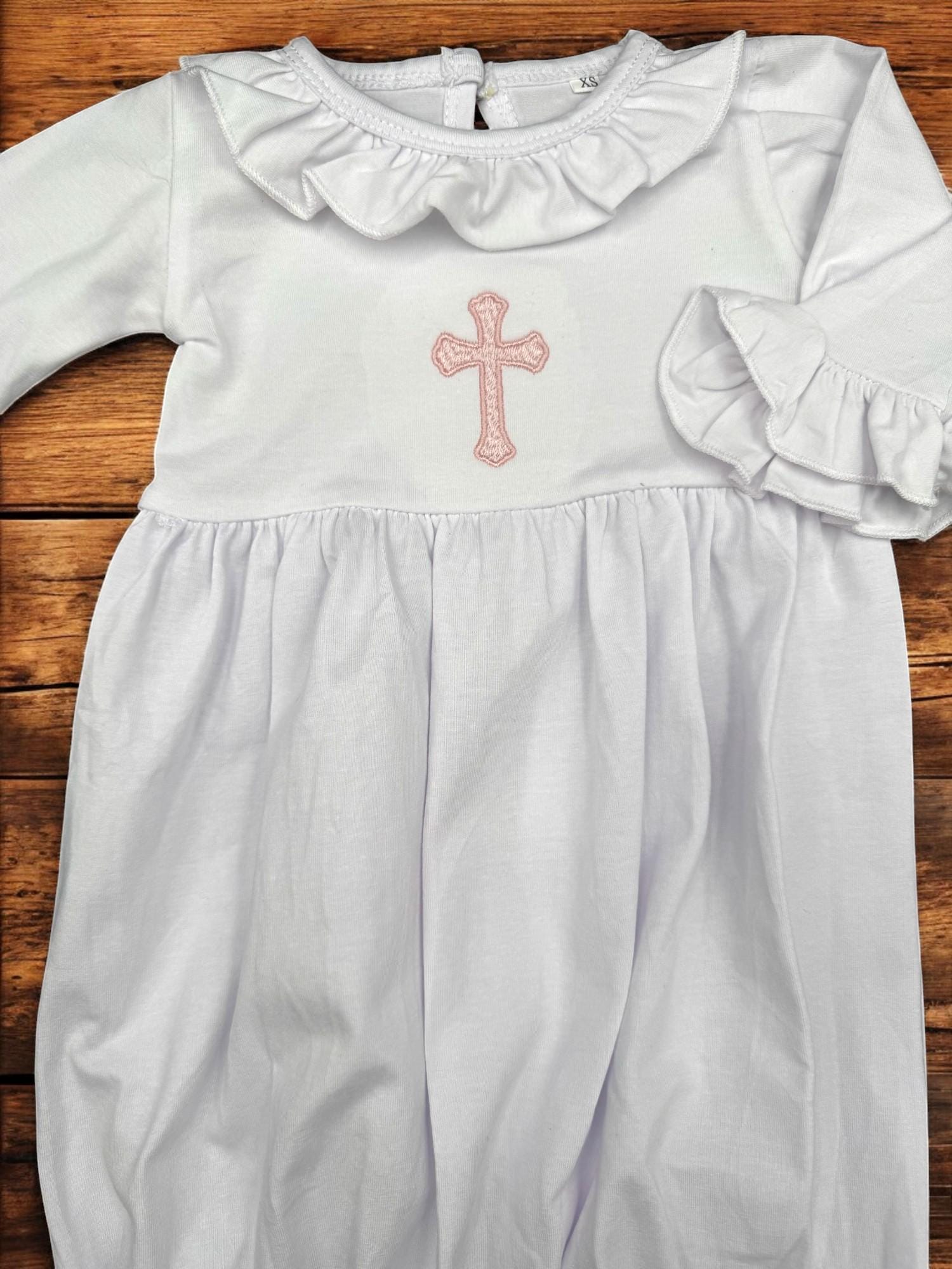 Embroidered Baby Girl Christening Gown Set: Ruffle Gown, Bib, Burp Cloth & Headband