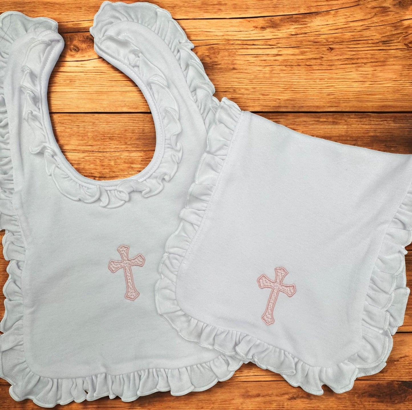 Embroidered Baby Girl Christening Gown Set: Ruffle Gown, Bib, Burp Cloth & Headband