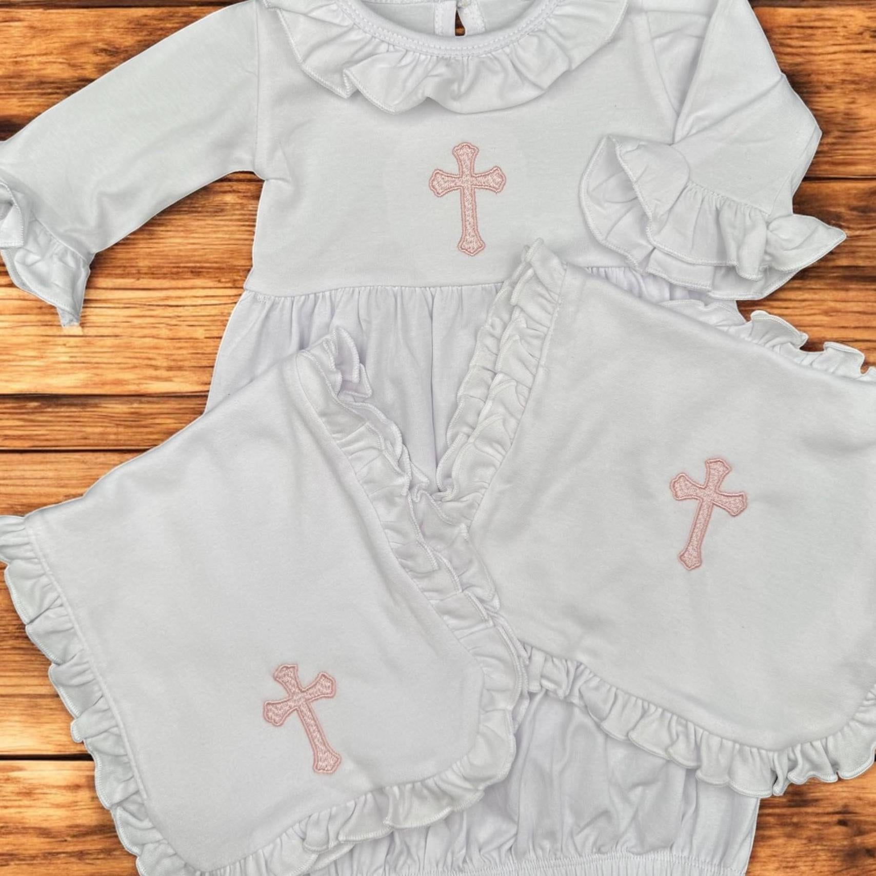 Embroidered Baby Girl Christening Gown Set: Ruffle Gown, Bib, Burp Cloth & Headband