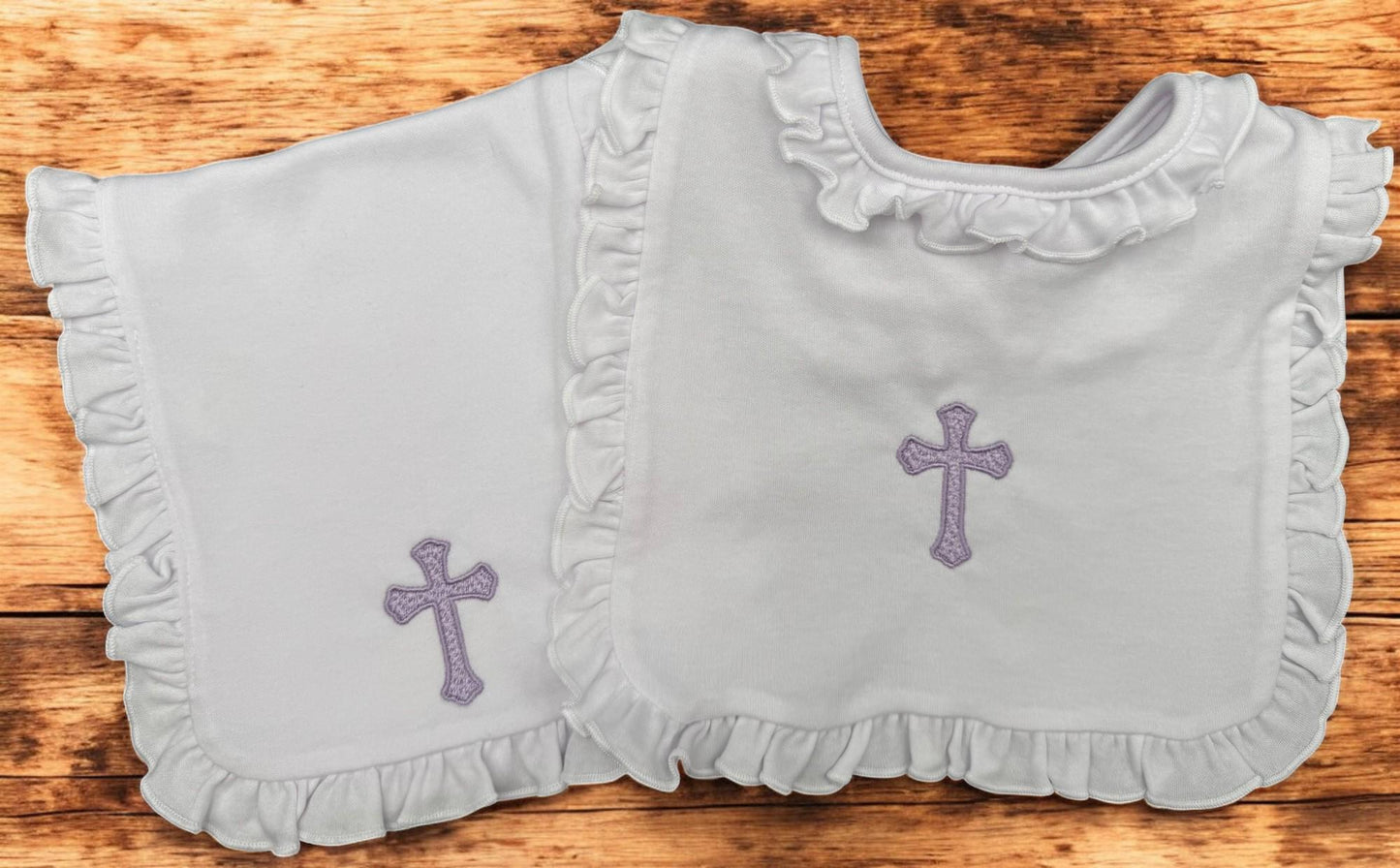 Embroidered Christening Gown Set: Preemie Ruffle Gown, Bib, Burp Cloth & Headband