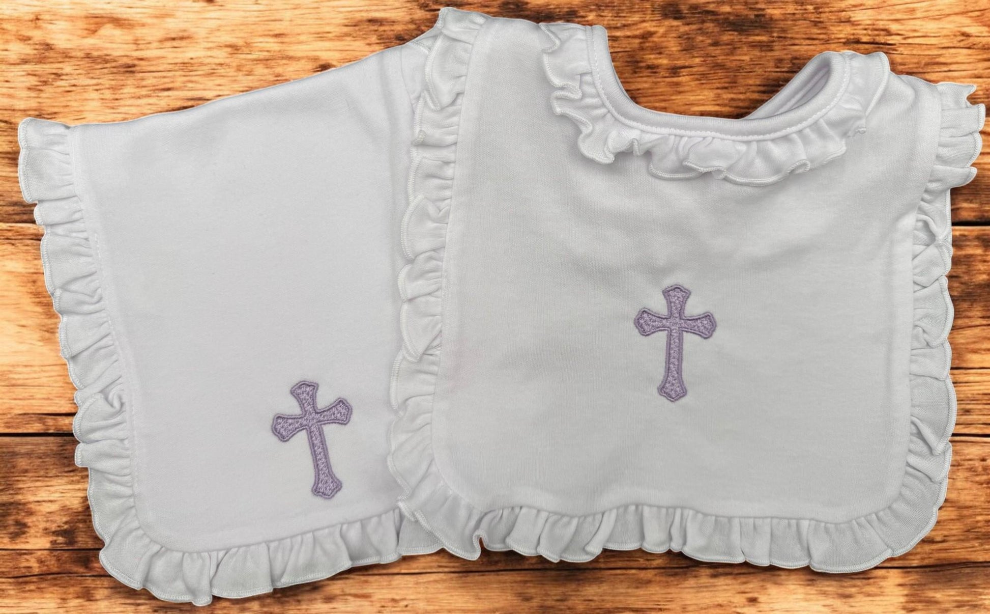 Embroidered Christening Gown Set: Preemie Ruffle Gown, Bib, Burp Cloth & Headband