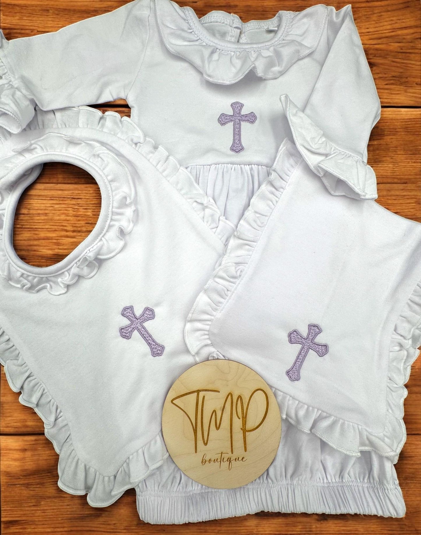 Embroidered Christening Gown Set: Preemie Ruffle Gown, Bib, Burp Cloth & Headband