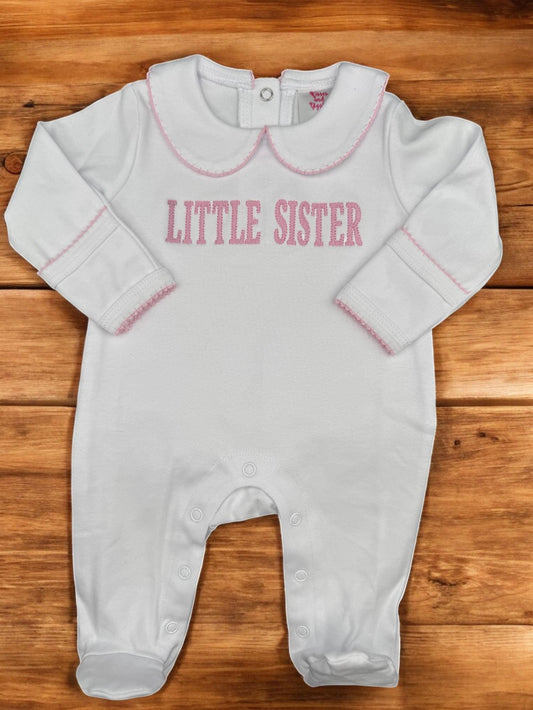 Little Sister Coming Home Outfit: Embroidered Footie, Bib & Burp Cloth