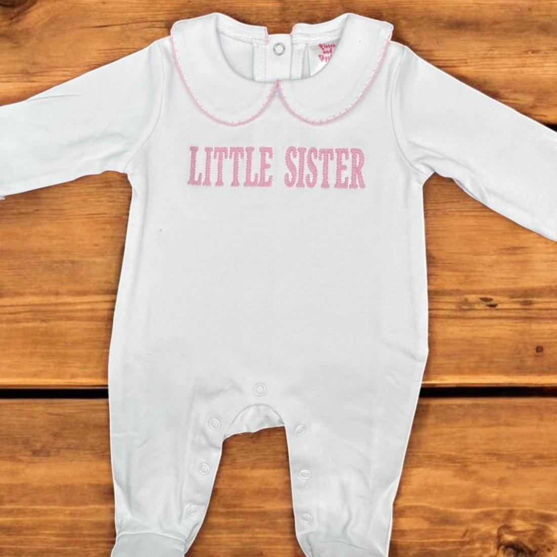 Little Sister Coming Home Outfit: Embroidered Footie, Bib & Burp Cloth