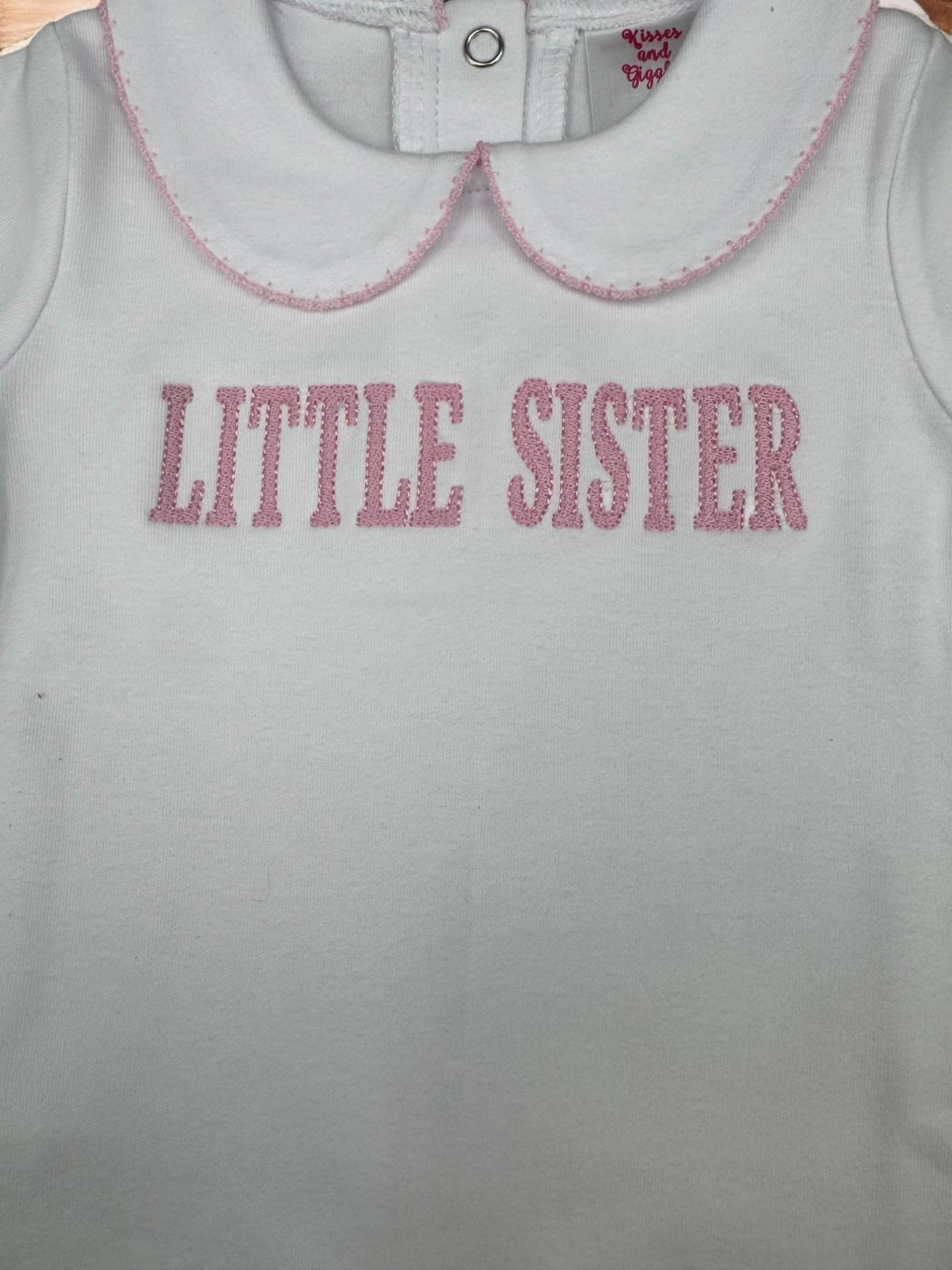 Little Sister Coming Home Outfit: Embroidered Footie, Bib & Burp Cloth