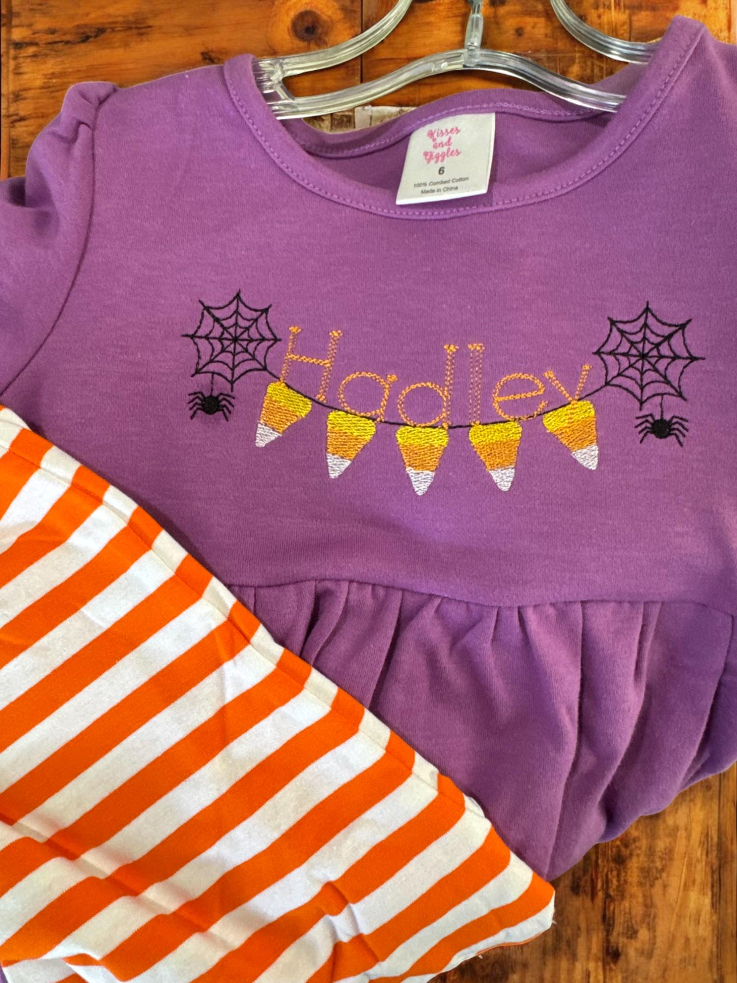 Girls Embroidered Halloween Outfit: Candy Corn Tunic Dress & Leggings