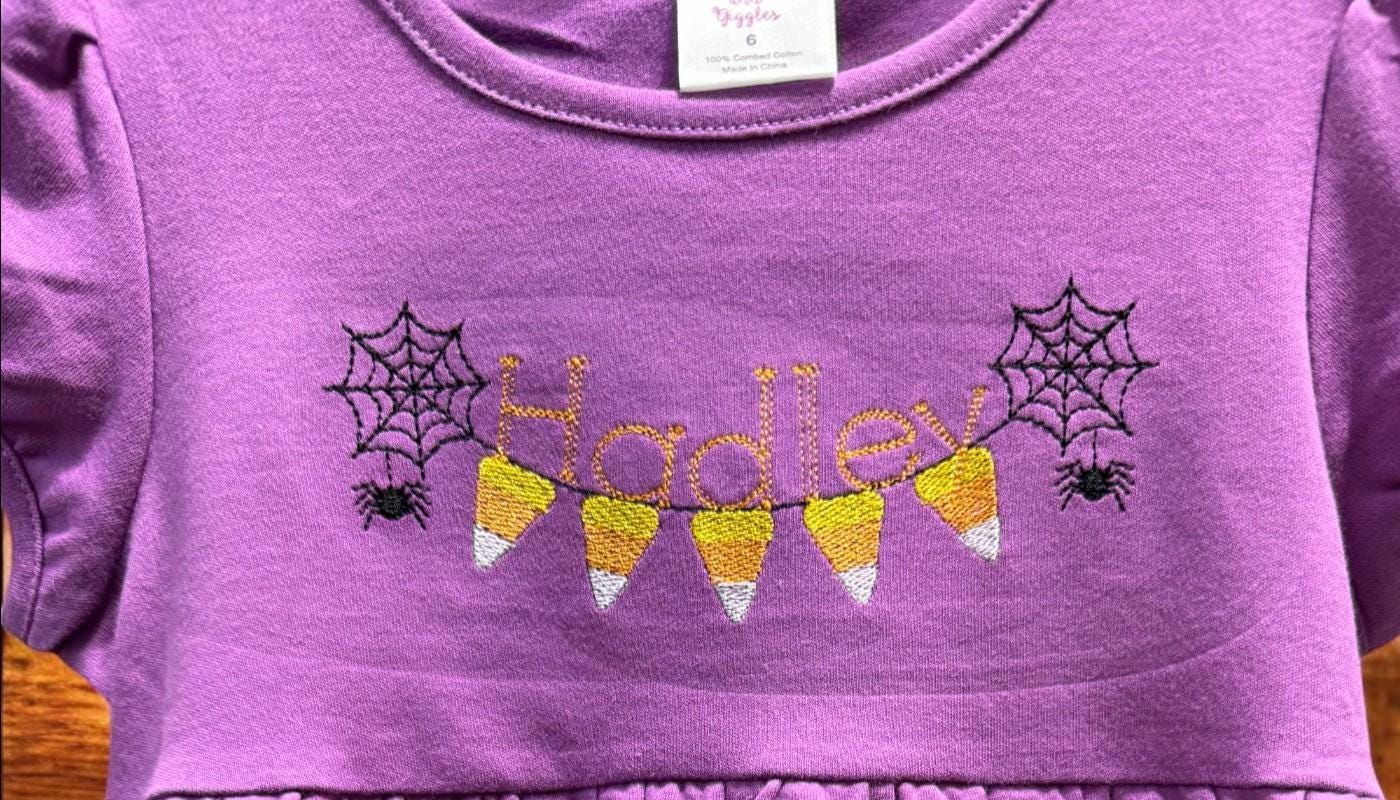 Girls Embroidered Halloween Outfit: Candy Corn Tunic Dress & Leggings