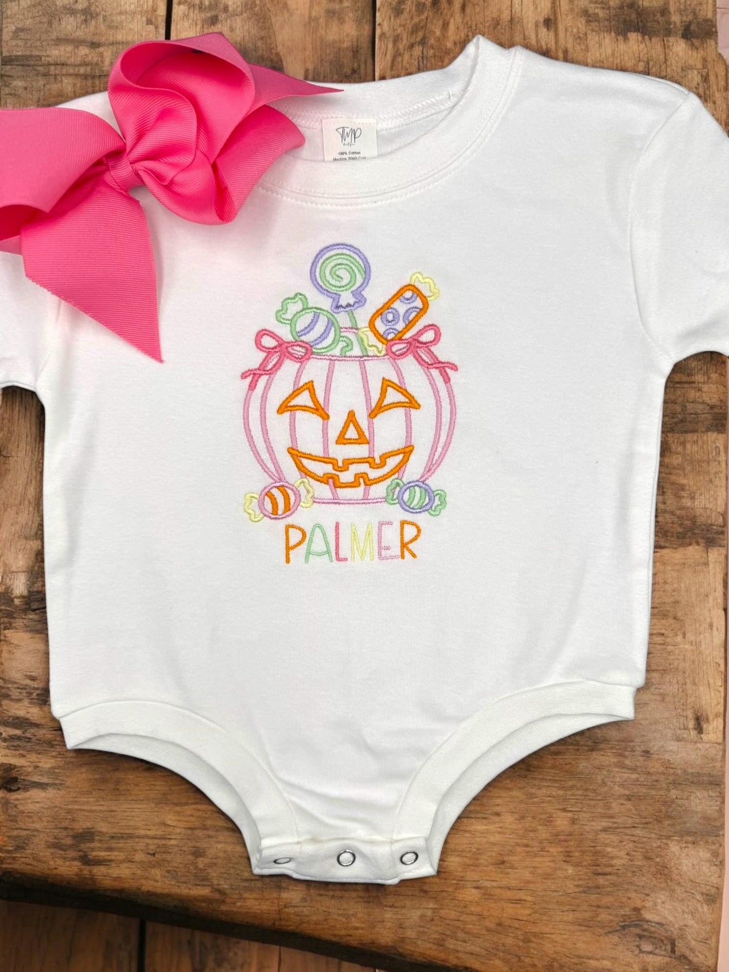 Personalized Halloween Baby Bodysuit: Embroidered Pumpkin Candy Bucket