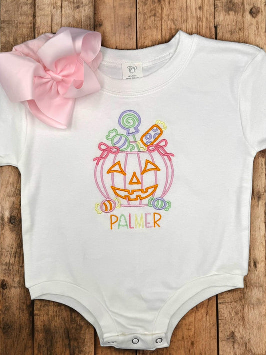 Personalized Halloween Baby Bodysuit: Embroidered Pumpkin Candy Bucket