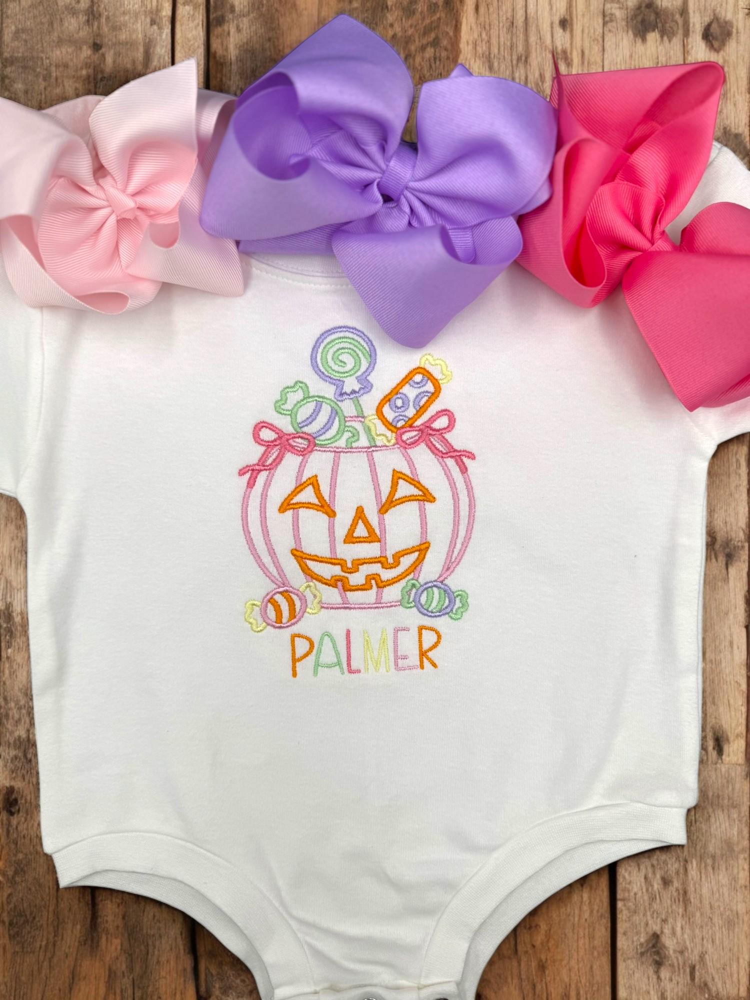 Personalized Halloween Baby Bodysuit: Embroidered Pumpkin Candy Bucket
