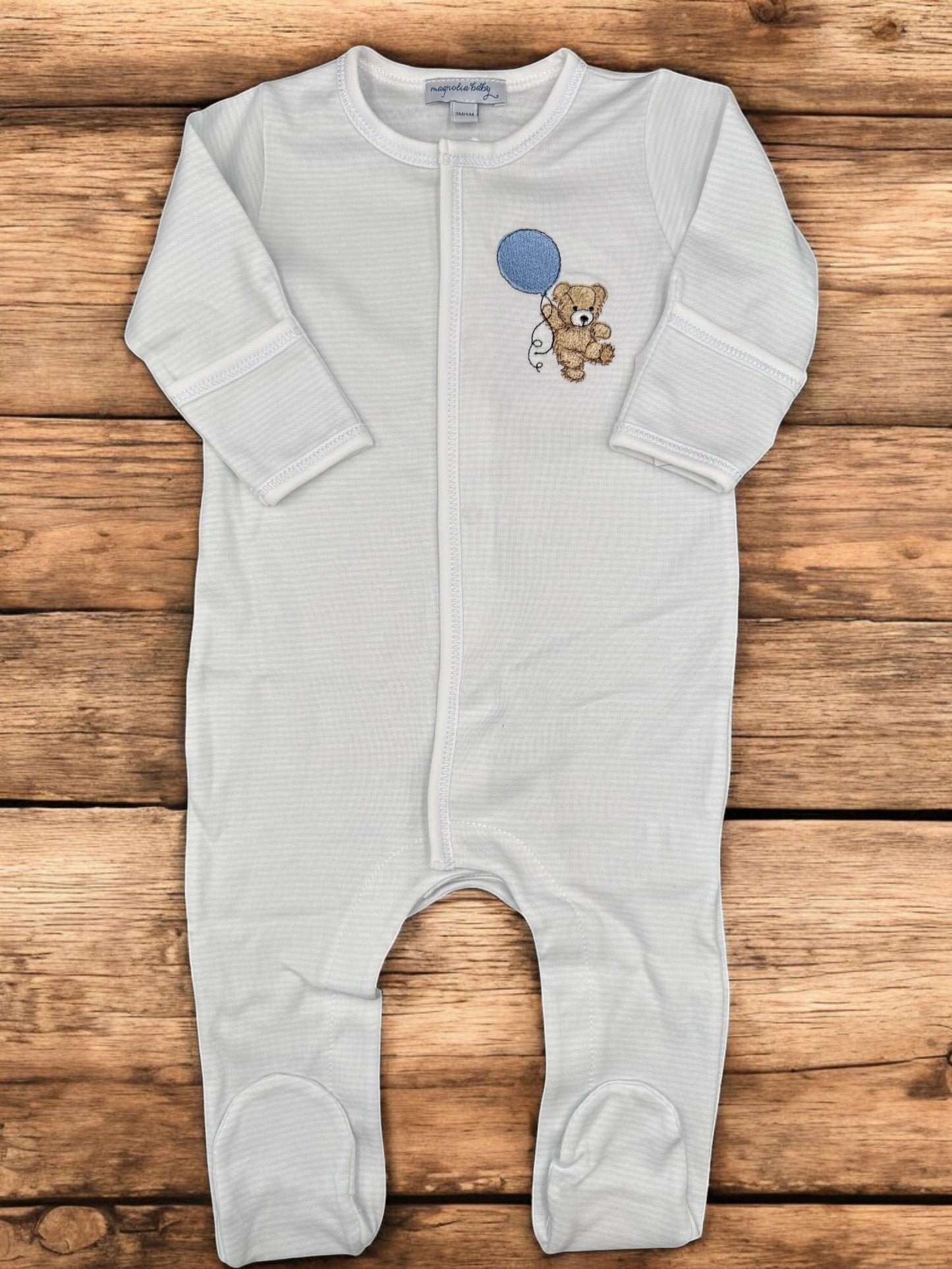 Blue Balloon Bear Baby Coverall: Embroidered Cotton Coming Home Outfit
