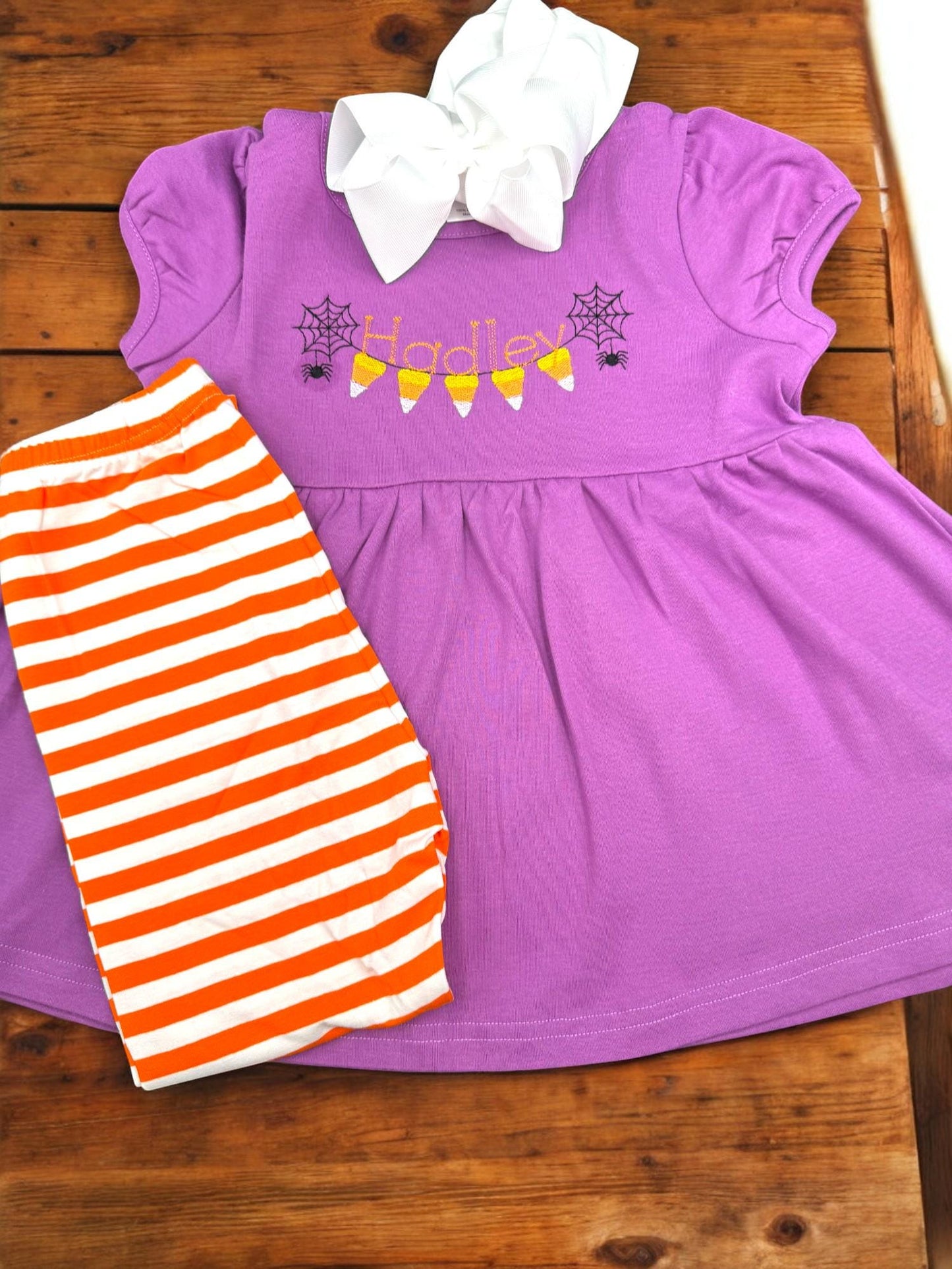 Girls Embroidered Halloween Outfit: Candy Corn Tunic Dress & Leggings