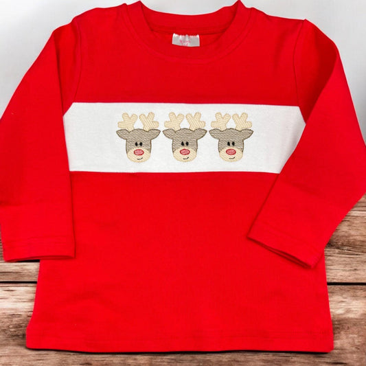 Boys Christmas Reindeer Shirt: Embroidered Red Long Sleeve