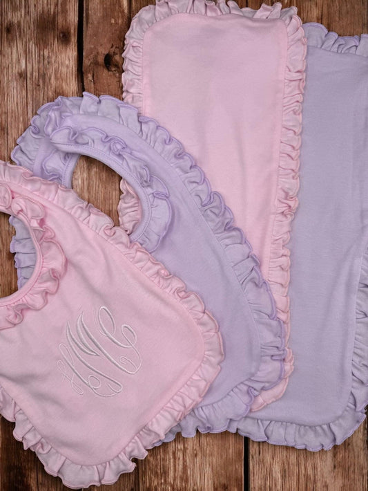 Monogrammed Baby Bib and Burp Cloth Set: Pink or Lavender Ruffle