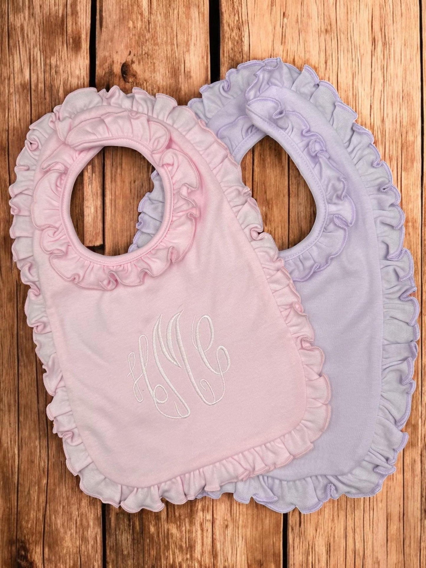 Monogrammed Baby Bib and Burp Cloth Set: Pink or Lavender Ruffle