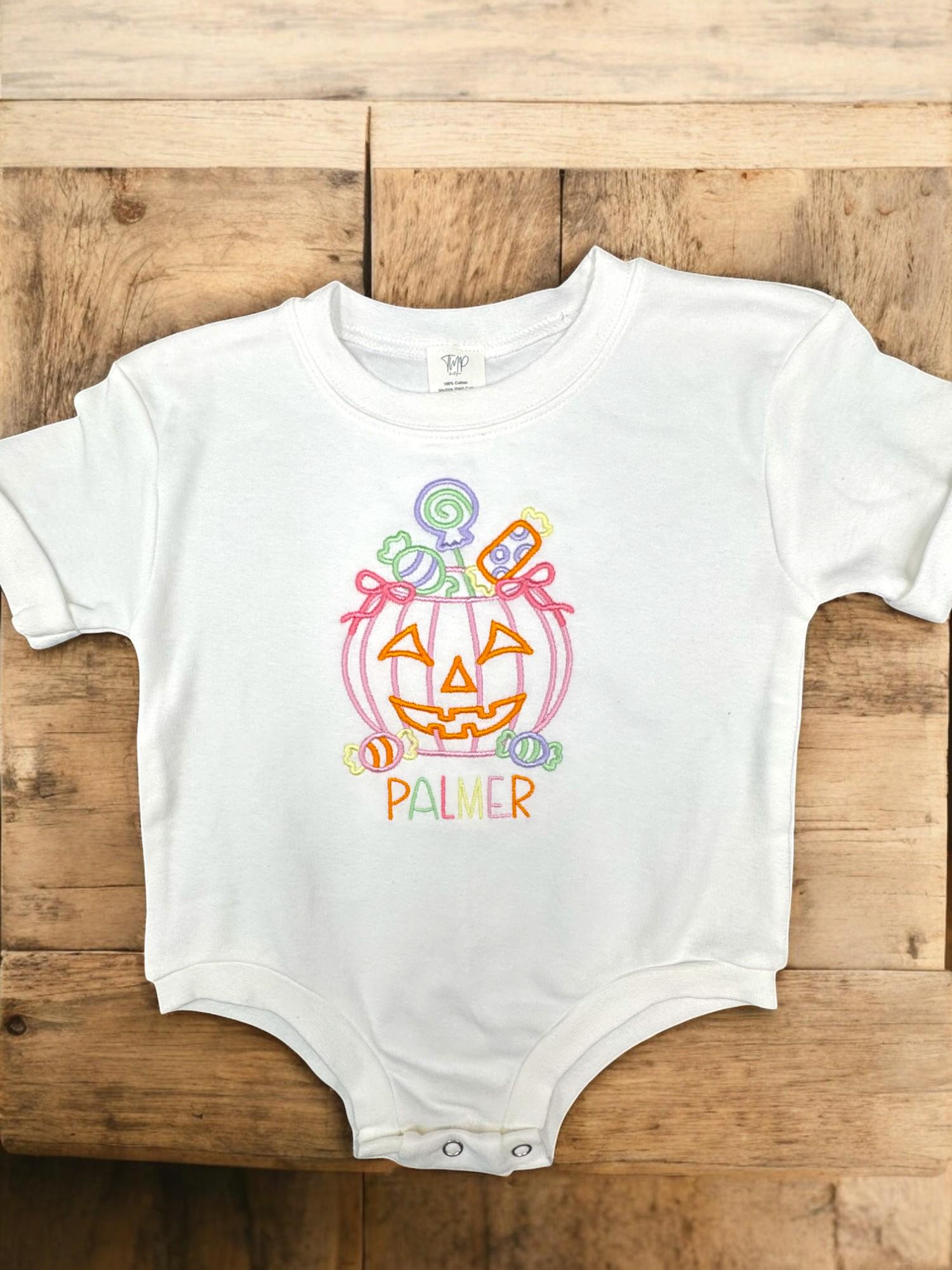 Personalized Halloween Baby Bodysuit: Embroidered Pumpkin Candy Bucket