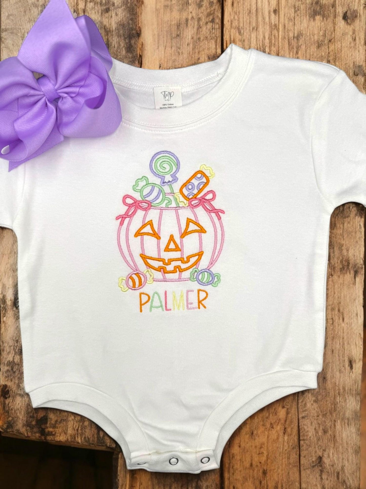 Personalized Halloween Baby Bodysuit: Embroidered Pumpkin Candy Bucket