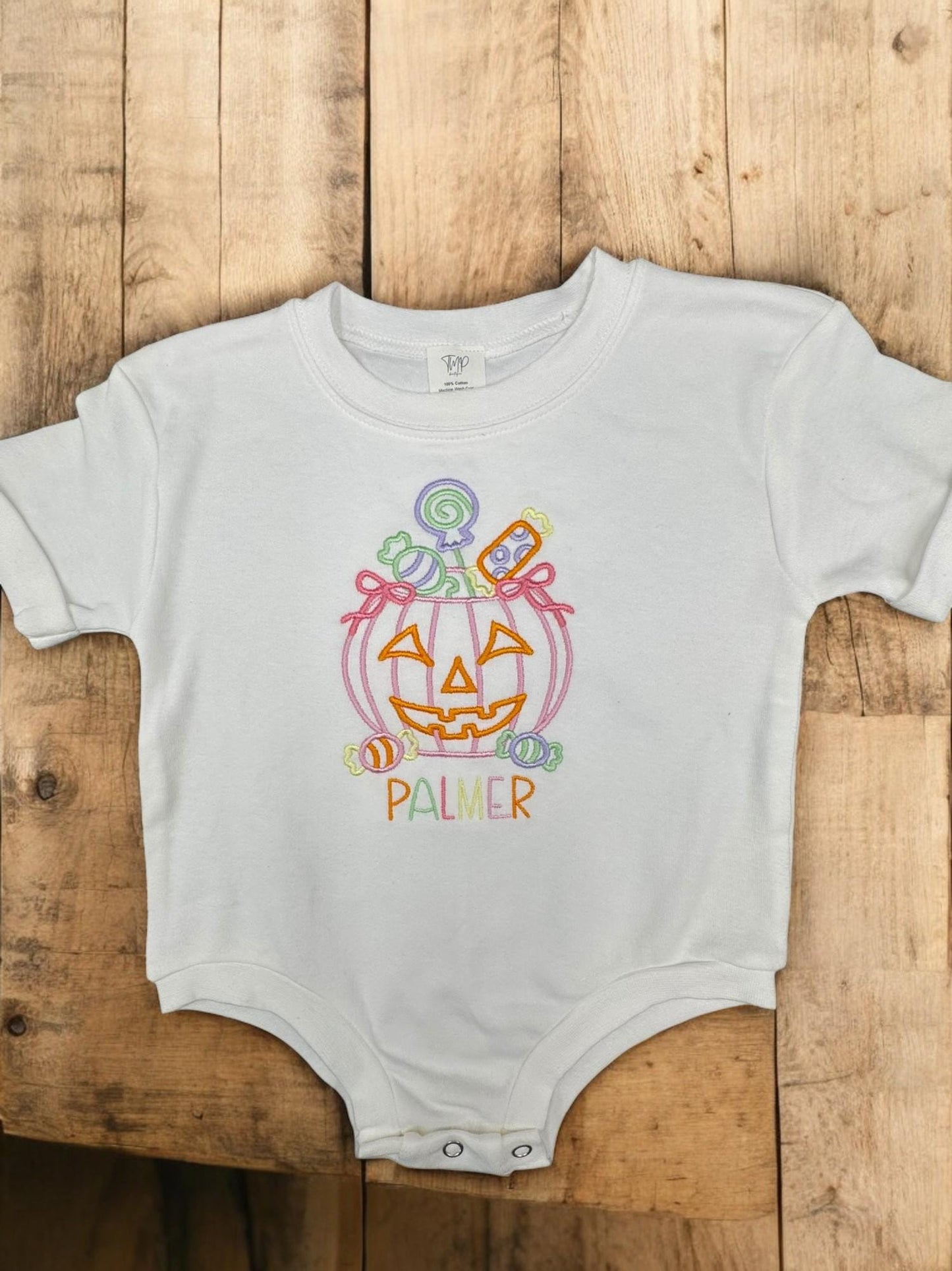 Personalized Halloween Baby Bodysuit: Embroidered Pumpkin Candy Bucket