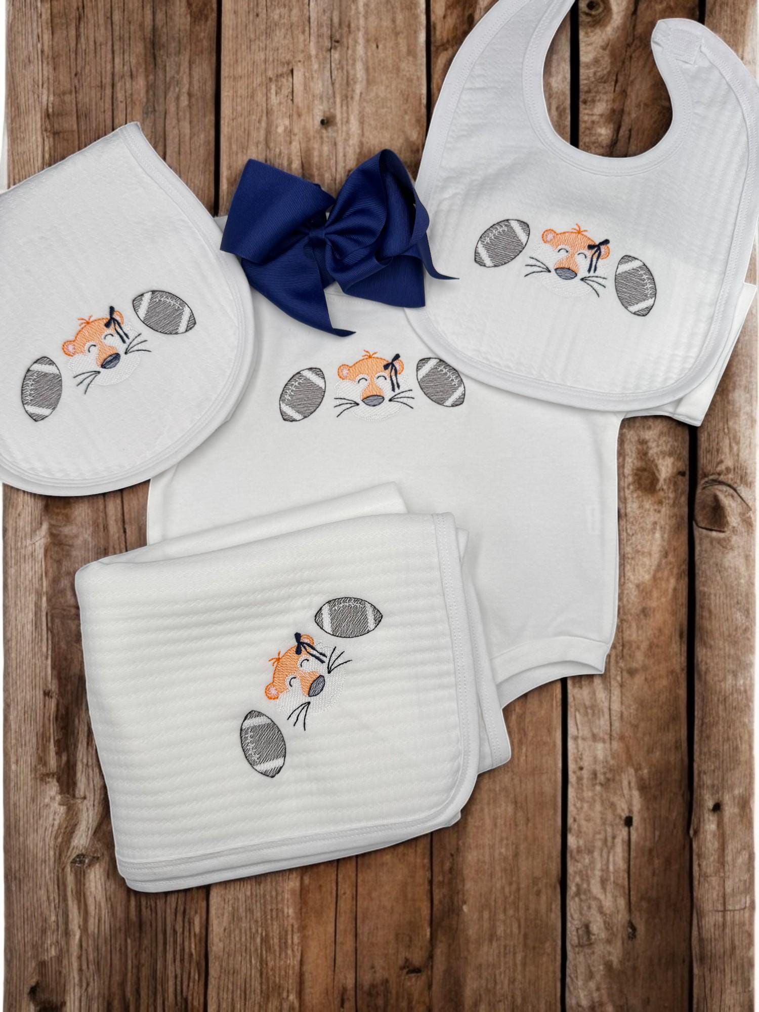 Orange and Blue Baby Outfit Gift Set: Embroidered Tiger Football Romper, Bib, Blanket