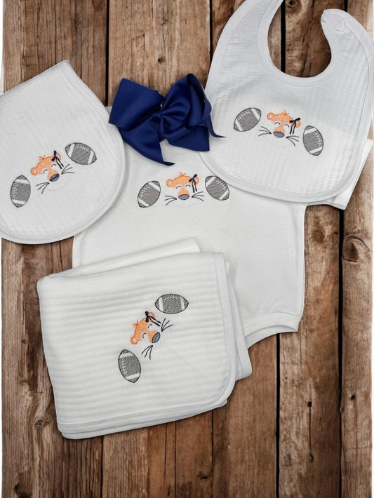 Orange and Blue Baby Outfit Gift Set: Embroidered Tiger Football Romper, Bib, Blanket