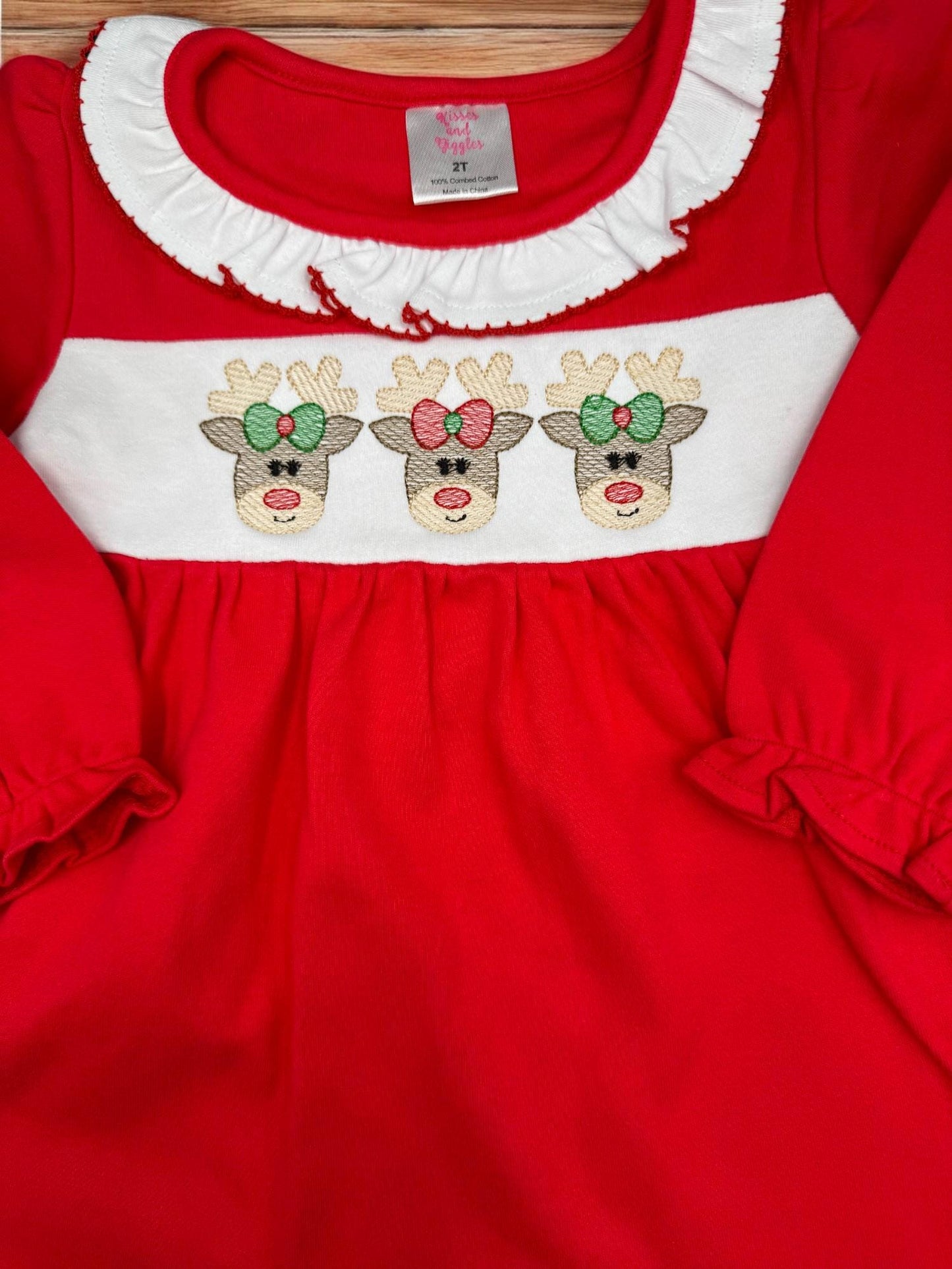 Girls Christmas Reindeer Outfit: Red Tunic & Striped Leggings